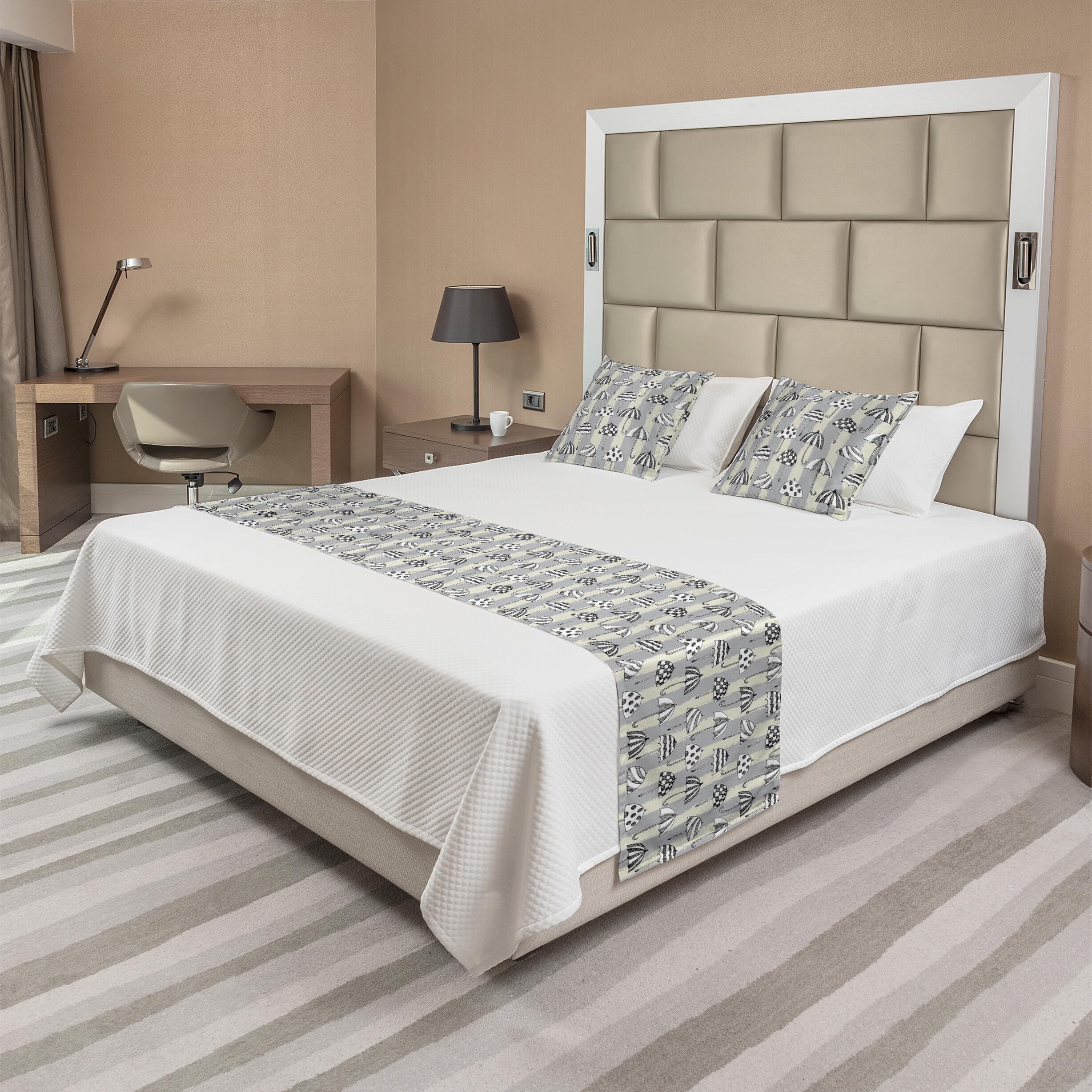 Ambesonne King Size Umbrella Bed Runner Set with 2 Pillow Shams - Striped Rainy Weather Design in Pale Grey & Eggshell - Waterproof Bed Scarf for Hotels, Homes & Guest Rooms - Perfect for Rainy Day Decor and Cozy Bedroom Makeovers