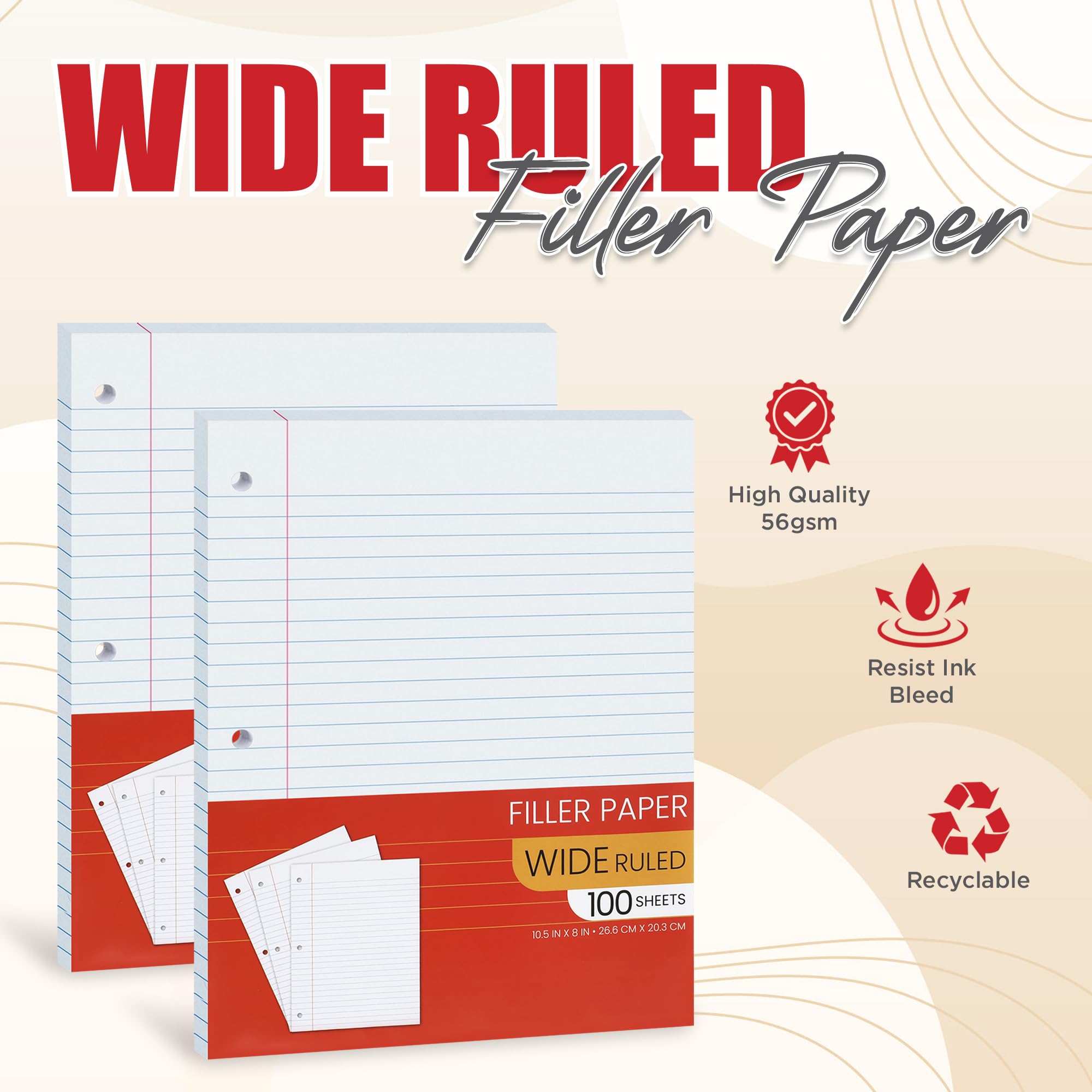 Wide Ruled Notebook Paper Bulk - 10.5” x 8” Loose Leaf Filler Paper for 3 Ring Binders, 100 Sheets per Pack (2 Pack) - Perfect for Students, College, School & Office Use - Ideal for Note Taking, Homework & Classroom Assignments