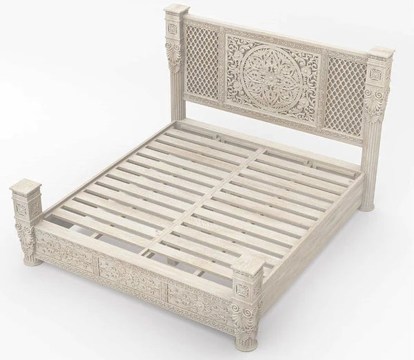 Hand Carved Solid Wood King Size Bed Frame - White Finish | Luxury Master Bedroom Furniture for Modern & Traditional Home Decor