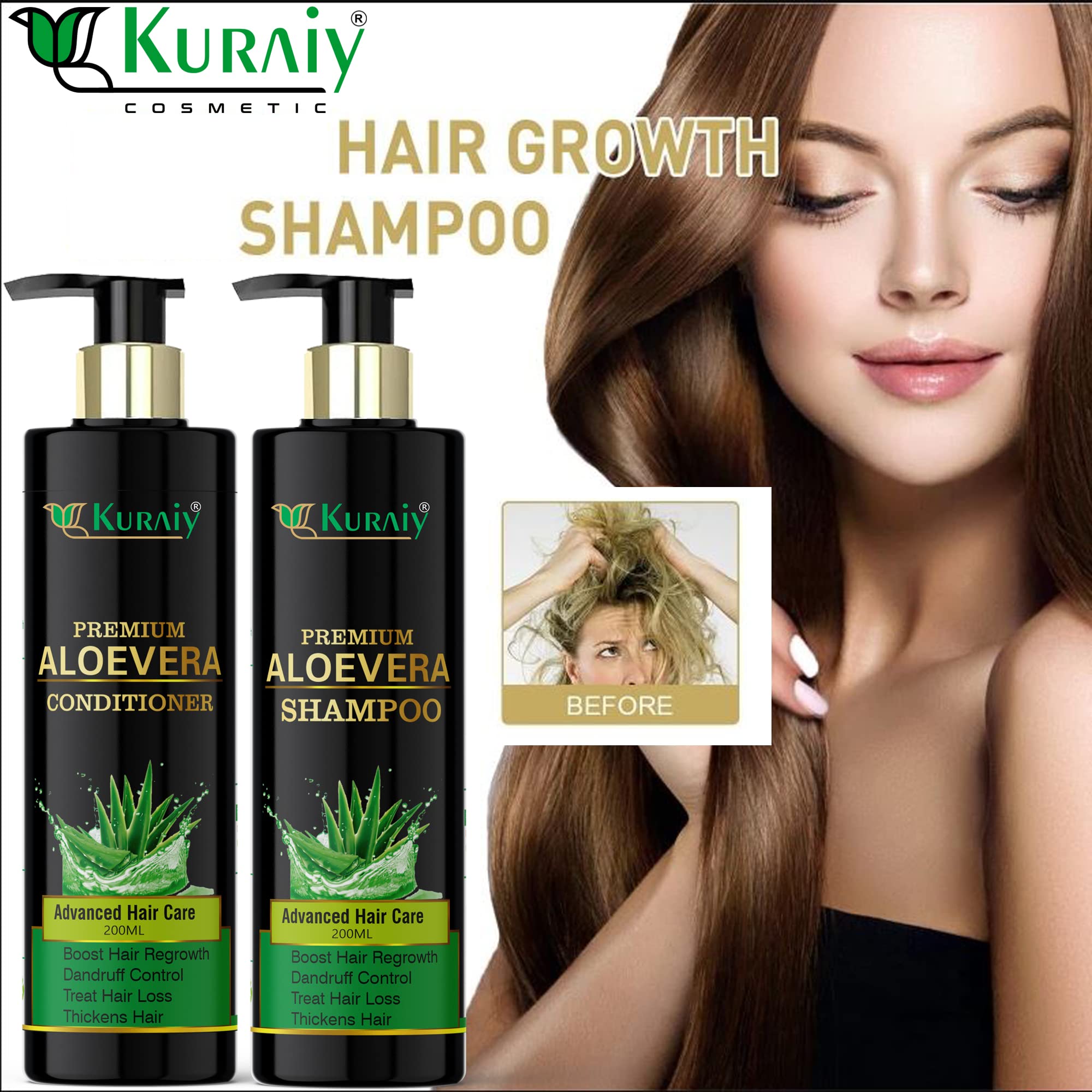 KURAIY® Aloe Vera Shampoo and Conditioner Set for Hair Loss Control & Healthy Hair Growth - Paraben Free, Silicone Free - 400ml (2 Pack) | Gentle Daily Hair Care for Men & Women with Thinning Hair or Scalp Irritation