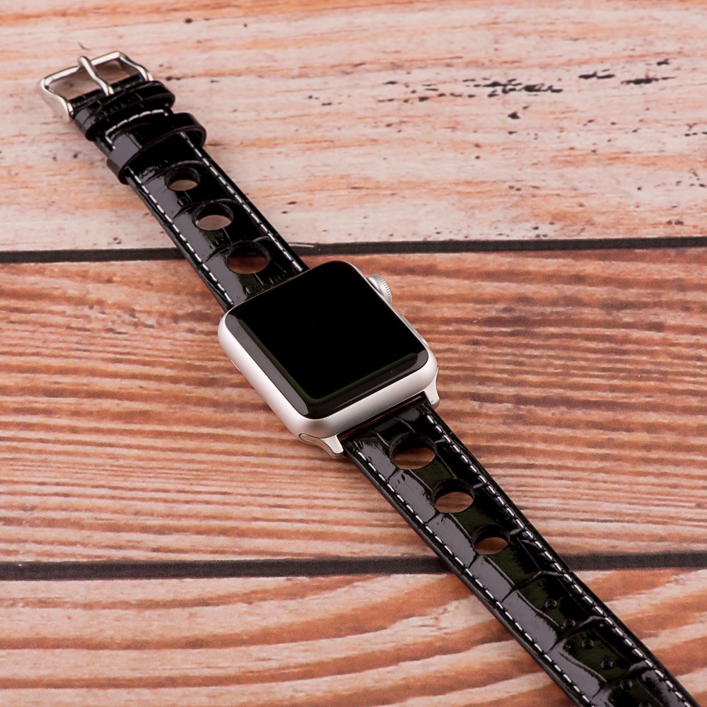 Clockwork Synergy® 2-Piece Rally Leather Band for Apple Watch 38mm - Black & White Crocodile Pattern with 3 Holes & Stainless Steel Hardware - Replacement Strap for Men & Women - Perfect for Work, Gym & Casual Wear