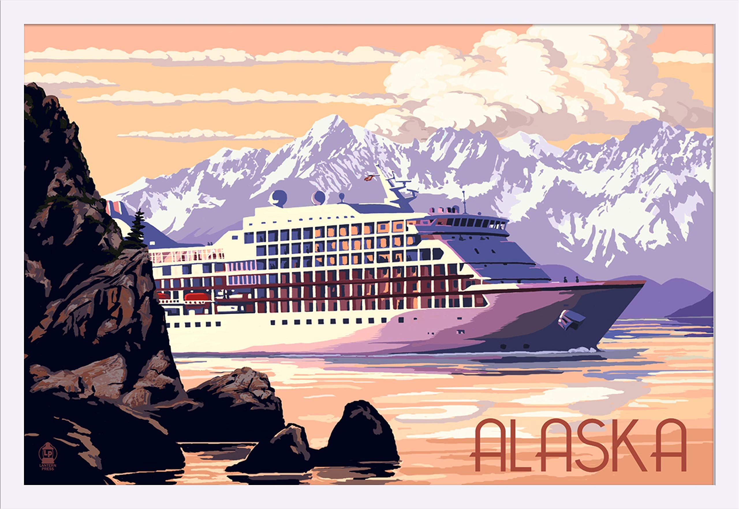 Alaska Cruise Ship Sunset Giclee Art Print - 36x24 Gallery Framed White Wood Wall Decor - Perfect for Living Room, Bedroom & Office