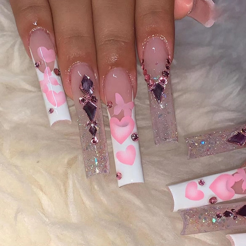 24Pcs Pink French False Nails with Rhinestones - Acrylic Fake Nail Tips, Detachable Coffin Press on Nails for Full Cover Manicure - Perfect for Parties, Weddings & Special Occasions