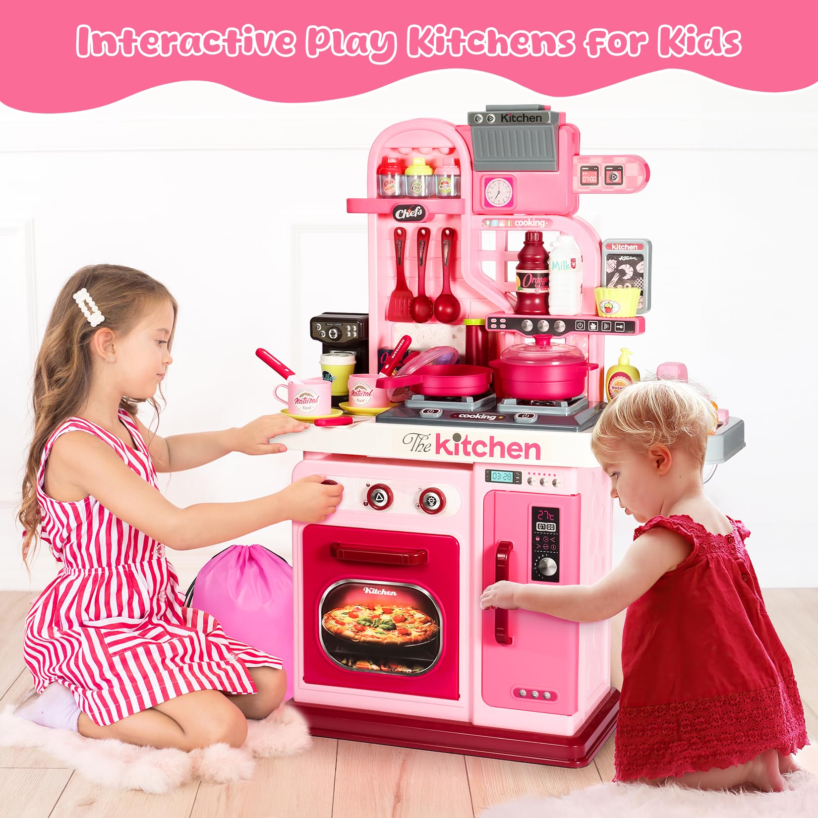 Pink Kids Play Kitchen Set with Sound & Light - 27.1