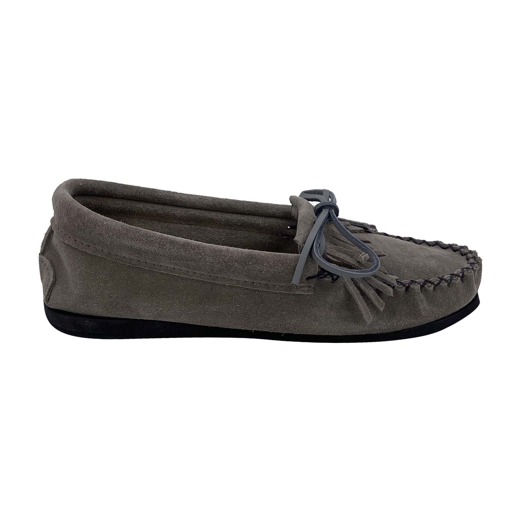 Women's Gray Suede Moccasins with Fringe Detail & Rubber Sole - Comfortable Slip-On Shoes for Casual Wear, Travel & Home