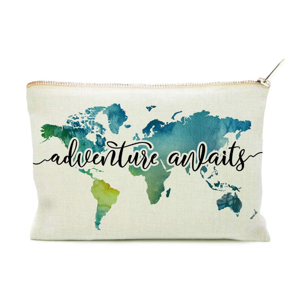 Premium Travel Makeup Bag - Waterproof Cosmetic Organizer with World Map Design, Durable Linen Fabric - Perfect Gift for Women Travelers | Ideal for Vacations, Camping & Business Trips