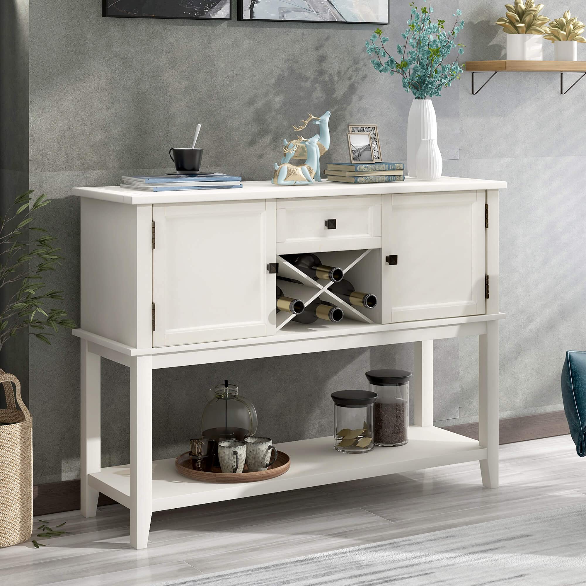Xmatch Modern White Wooden Console Table with Wine Rack, Open Shelf Storage Cabinet for Living Room, Dining Room, Entryway & Hallway