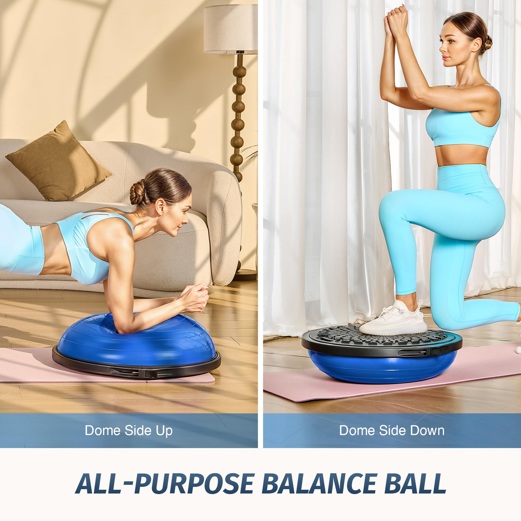 ZELUS 25 Inch Balance Ball - 660lb Capacity Inflatable Half Exercise Ball with Non-Slip Base | Wobble Board Balance Trainer for Core Strength & Stability | Includes 2 Resistance Bands, Pump & Extra Ball | Perfect for Yoga, Pilates, Home Gym & Physical Therapy Workouts