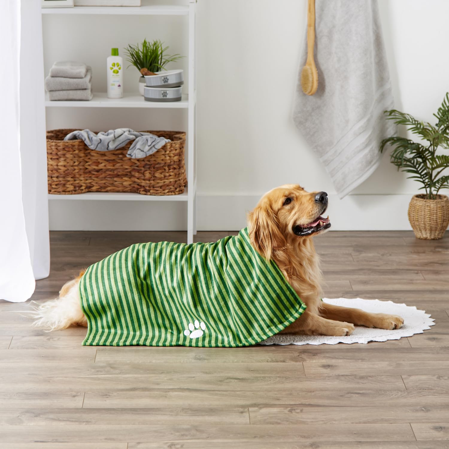 Super Absorbent Microfiber Pet Grooming Towel - X-Large 41x23.5 Inches, Quick Dry Dog Cat Bath Towel, Striped Hunter Green - Perfect for Bath Time, Grooming & Post-Swim Drying