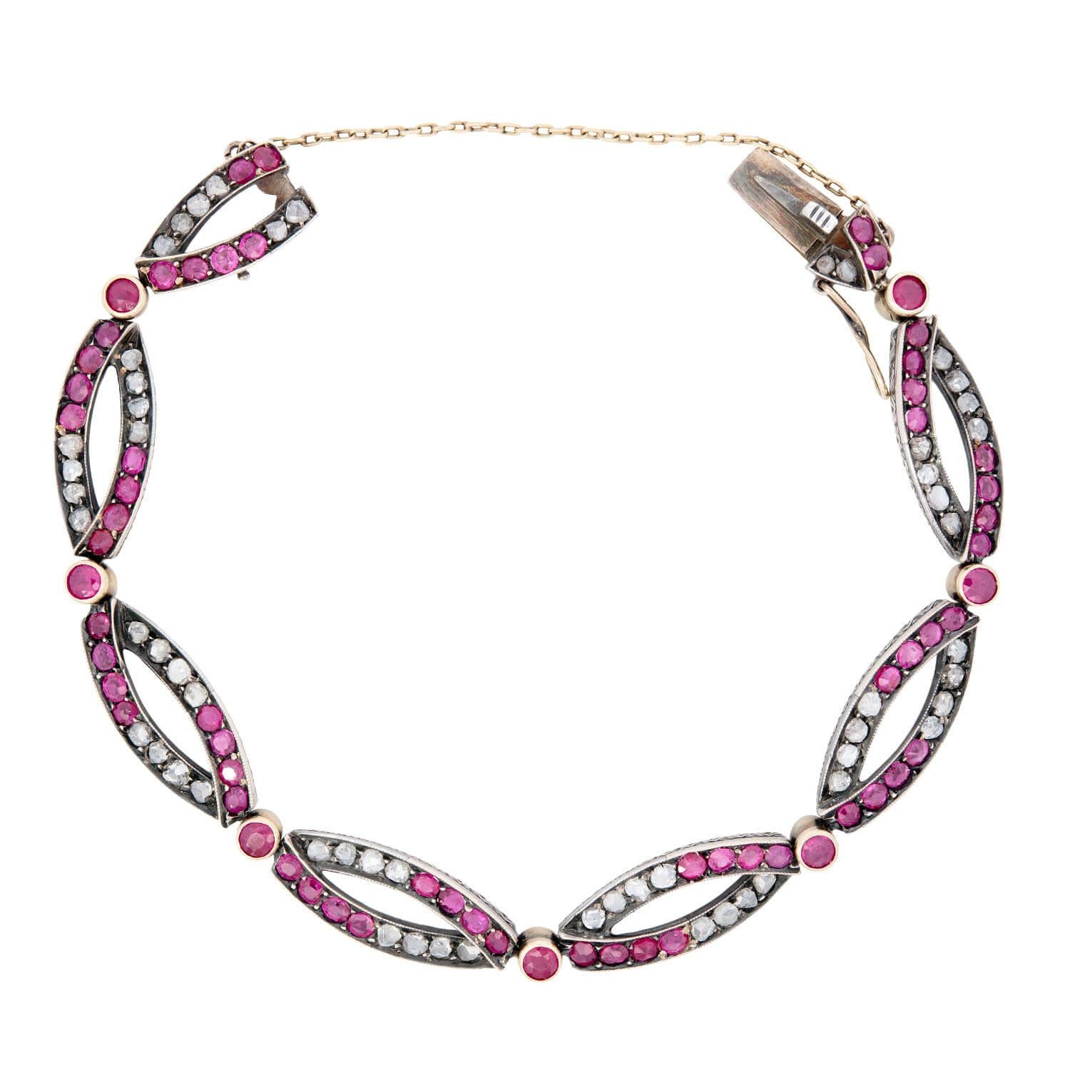 Exquisite Victorian French 18k Gold/Sterling Silver Ruby & Diamond Bracelet - Elegant Jewelry for Weddings, Anniversaries & Special Occasions