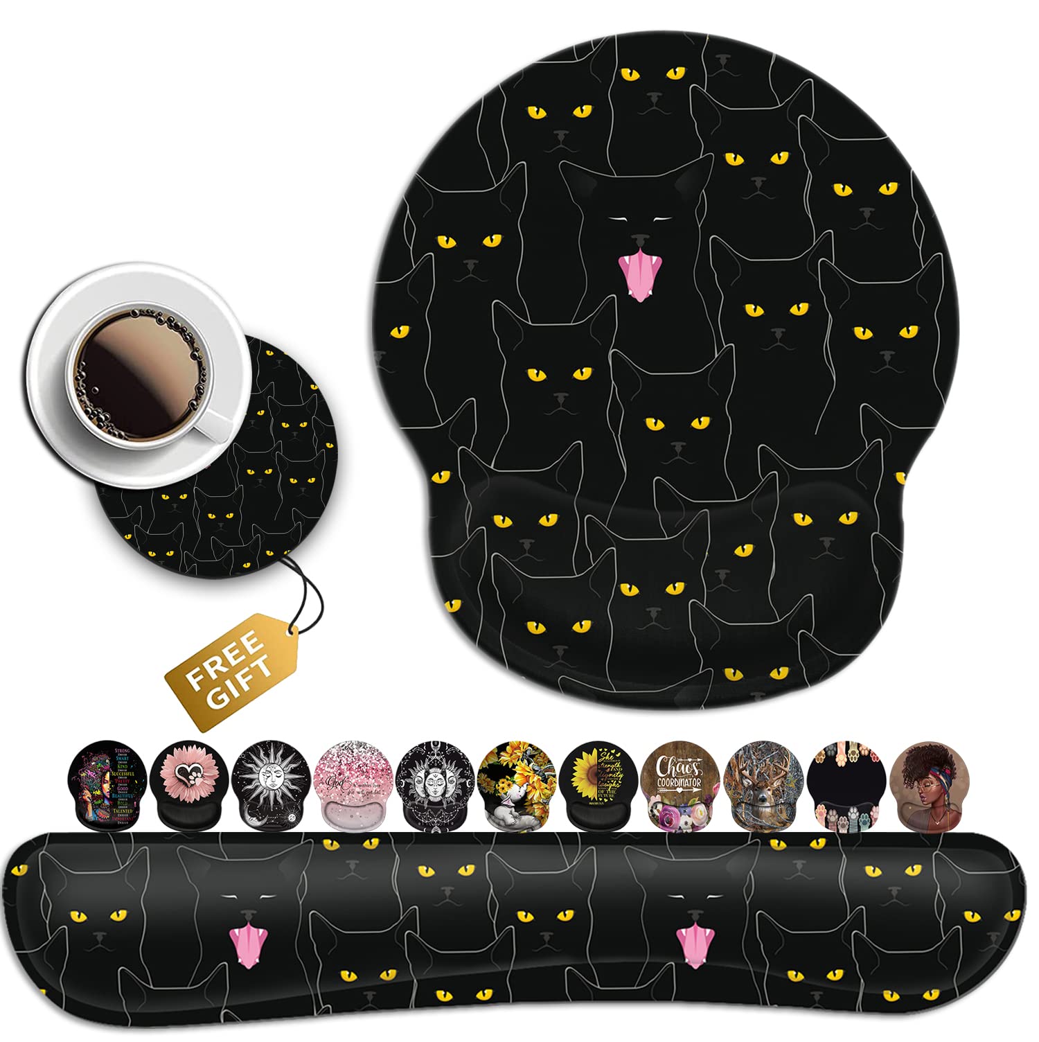 Ergonomic Black Mouse Pad with Wrist Support & Keyboard Rest - Gel Cushion for Computer, Laptop, Home Office & Gaming - Cute Cat Pattern Wireless Desk Pad to Relieve Wrist Fatigue | Perfect for Long Work Hours, Gaming Sessions & Typing Comfort