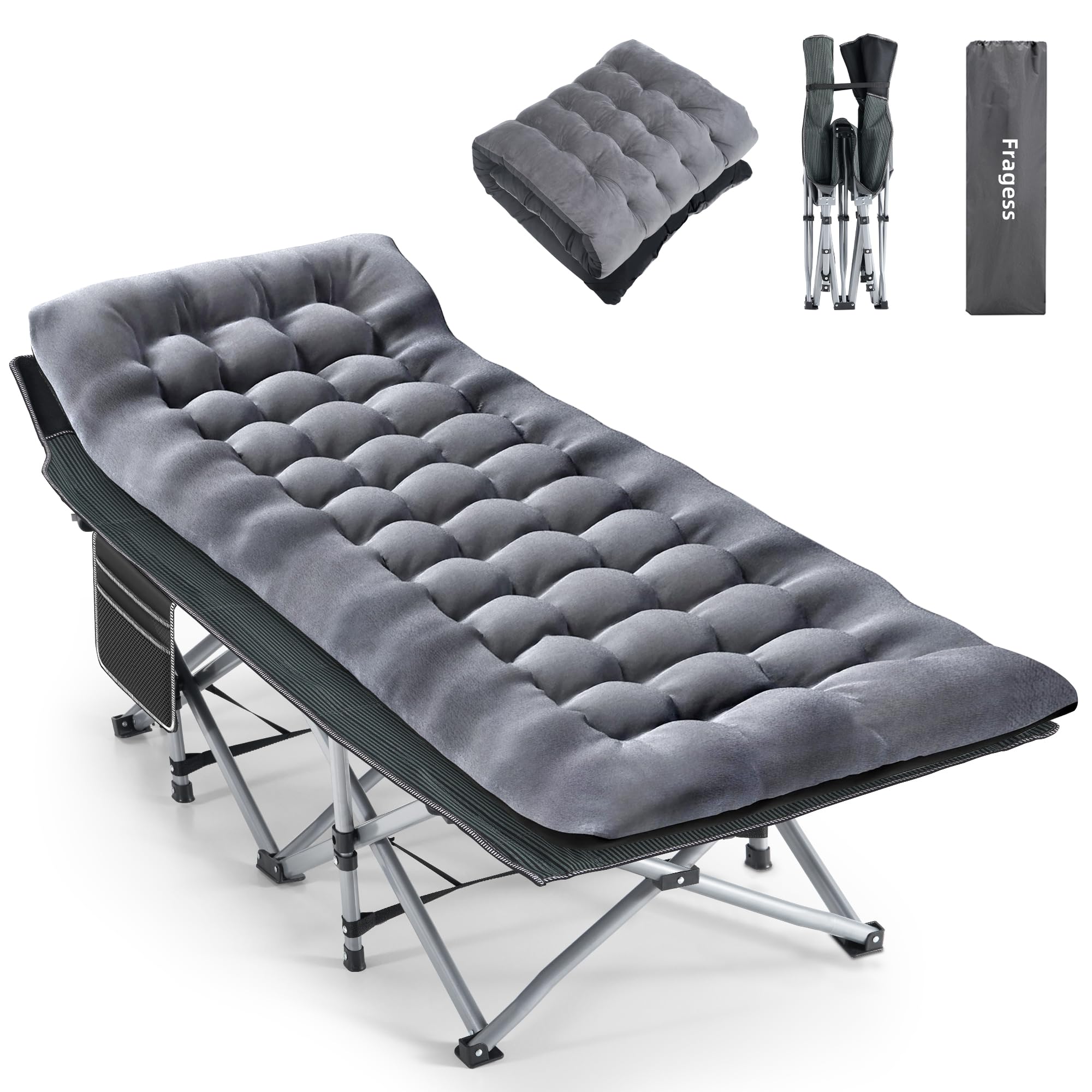 Heavy Duty Camping Cot for Adults - Portable Folding Cot with Mattress, Pillow & Carry Bag - 1200D Double Layer Oxford Fabric - Supports 600 lbs - Grey & Black - Perfect for Camping, Backpacking, Emergency Preparedness & Outdoor Adventures
