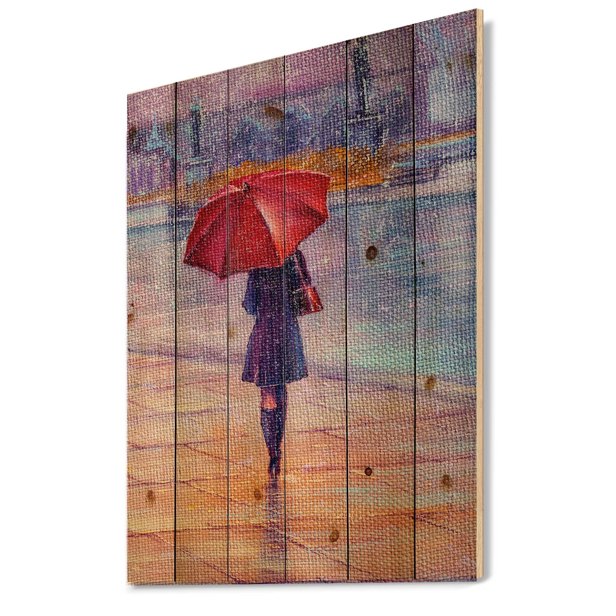 French Country Red Umbrella Wall Art - Rain Scene on Pine Wood for Home Decor