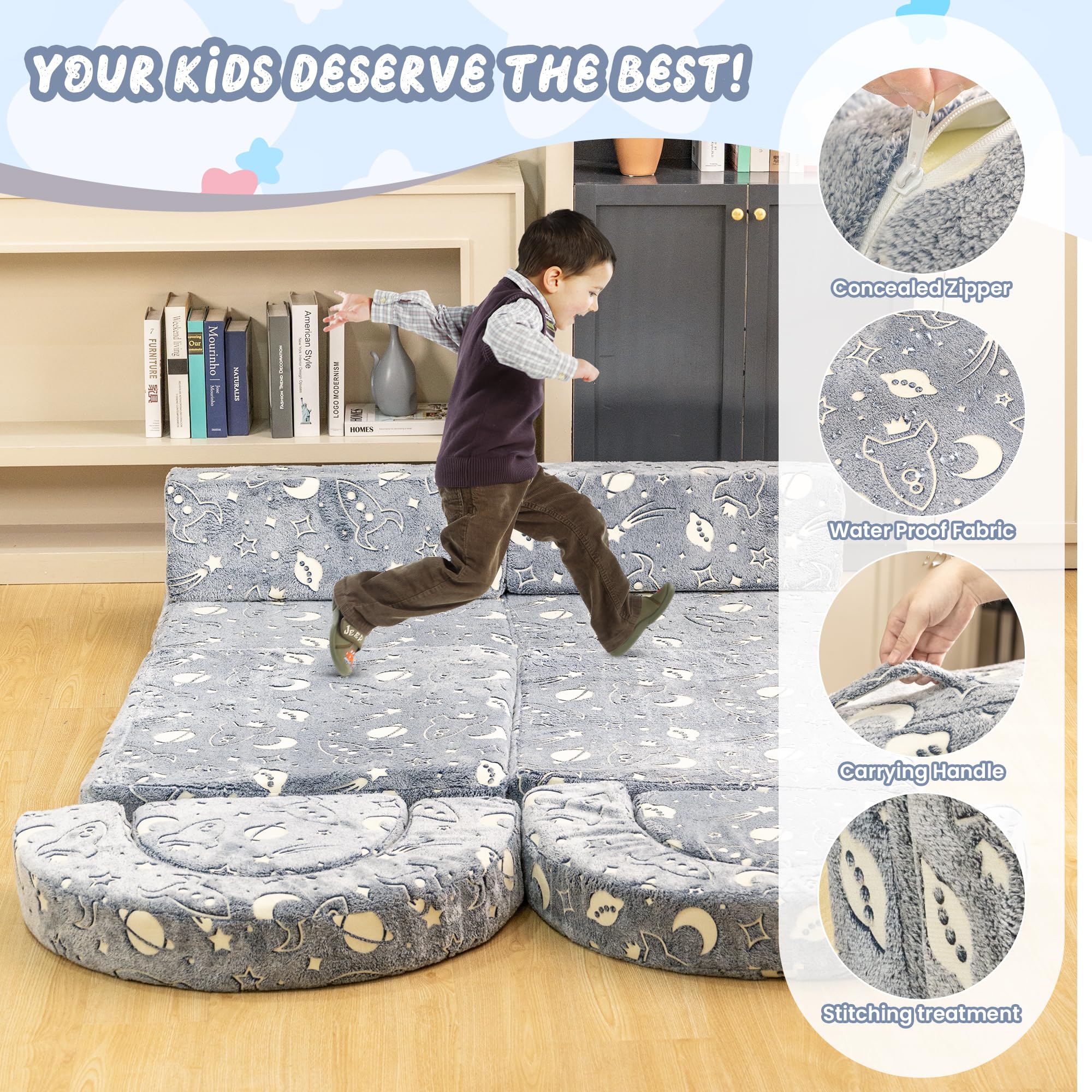 10Pcs Modular Kids Play Couch with Glow - Convertible Play Fort Sofa for Toddlers | Instant Rebound 28D Foam | Playroom & Bedroom Furniture | Gray & Space Theme | Perfect for Indoor Playtime, Sleepovers & Creative Fun