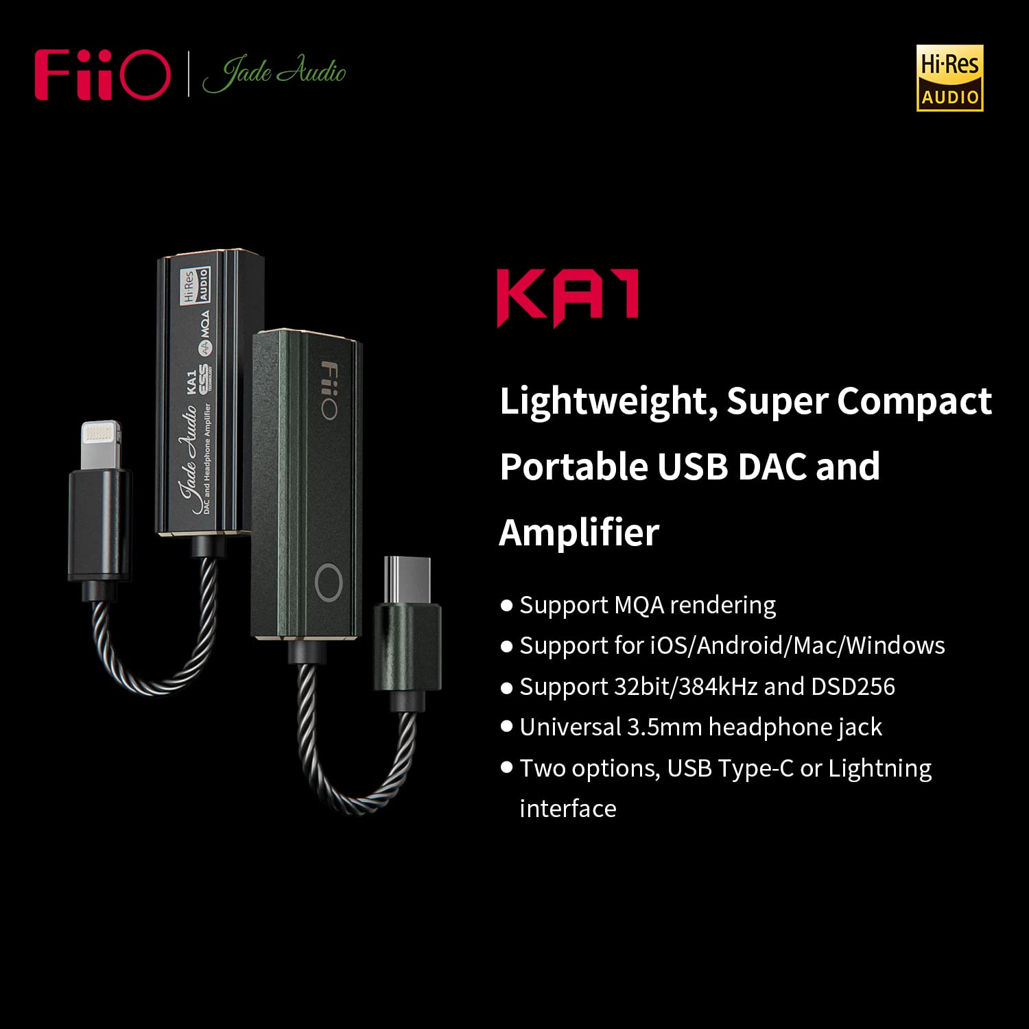 FiiO JadeAudio KA1 Portable USB DAC Headphone Amplifier - High Resolution Lossless Audio for iPhone, Android, PC & Laptop (Lightning Version, Black) - Perfect for Music Lovers, Audiophiles & Mobile Gaming