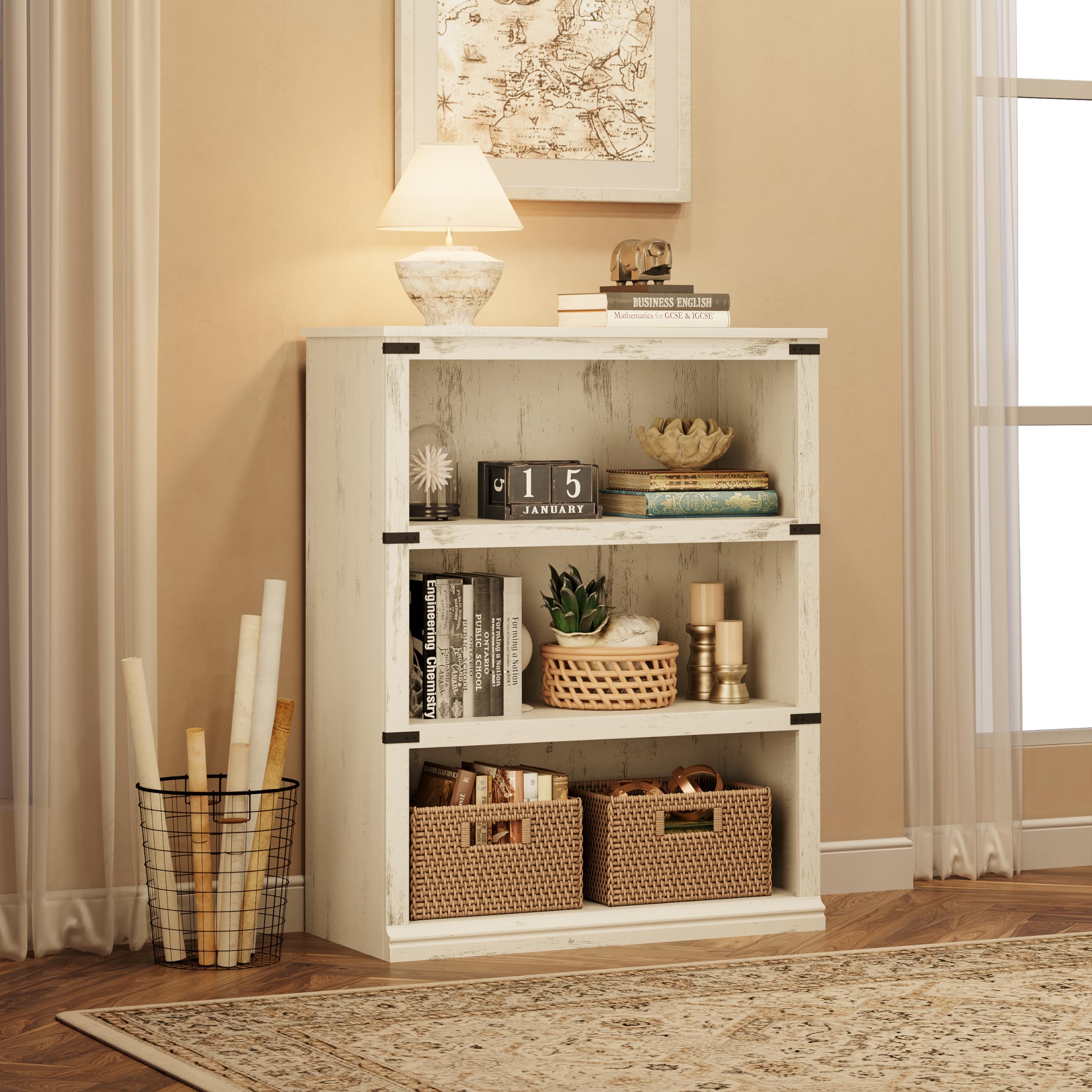 GARVEE 3-Tier Wooden Bookshelf - Farmhouse Style Open Storage Bookcase with 43.3