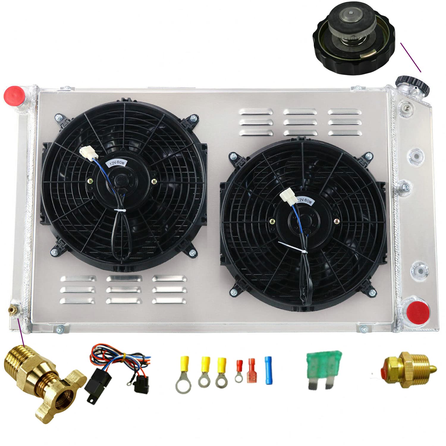 Full Aluminum Radiator Kit with Shroud, Fan & Thermostat for 1973-1990 Chevy Caprice C10 C20 C30 K10 K20 K30 Suburban El Camino Malibu - 4 Row Heavy Duty Cooling System Upgrade for Classic Trucks & SUVs