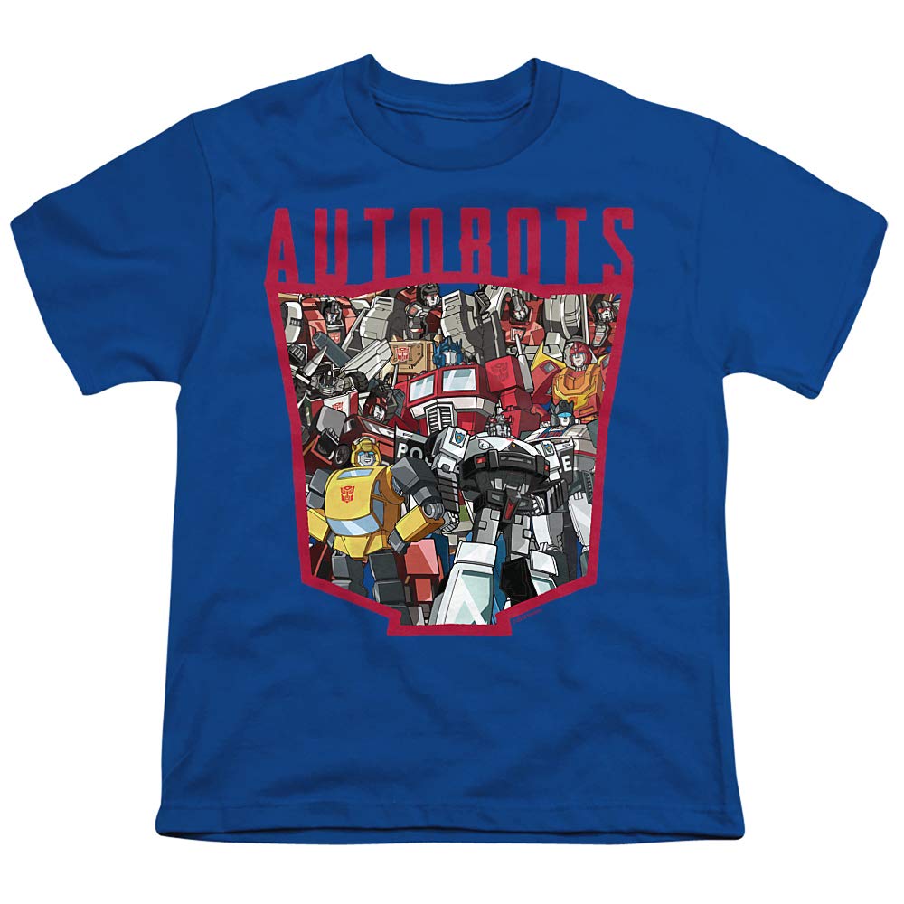 Transformers Autobot Graphic T-Shirt for Kids 7+ Years | Unisex Short Sleeve Tee with Stickers | Pop Culture Collage Design | Perfect for Cosplay, Birthday Gifts & Everyday Wear (Medium, Royal Blue)