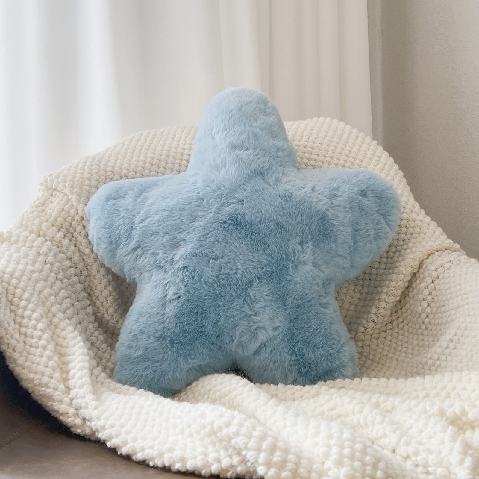 YRXRUS Blue Star Shaped Pillow - 15x15 Inch Ultra Soft Fluffy Faux Rabbit Fur Throw Pillow for Bedroom Decor, Cute Gift for Kids & Teens - Perfect for Nursery, Dorm Room, or Cozy Home Decor