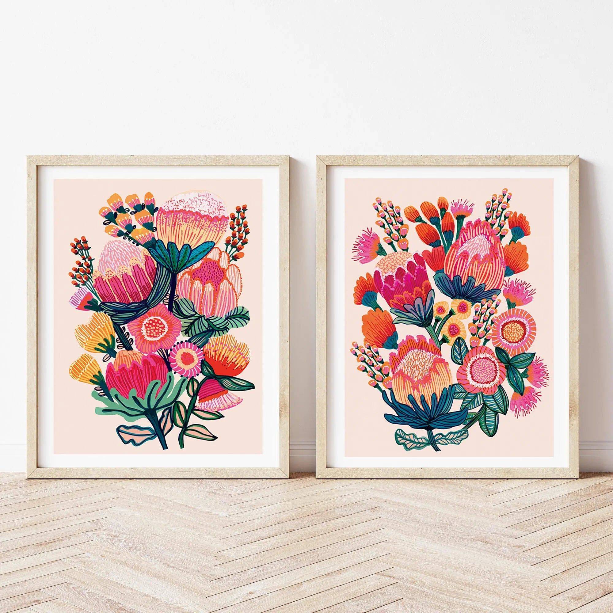 Australian Native Flowers Wall Art Prints - Set of 3 Framed Botanical Paintings for Living Room, Bedroom & Office Decor