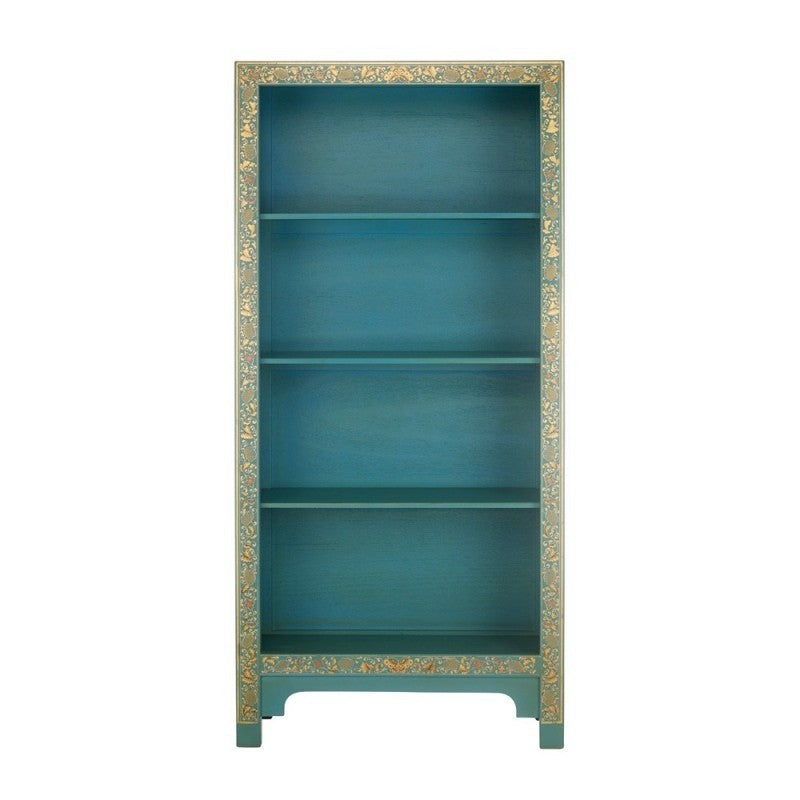 Golden Dragon Oriental Painted Solid Wood Blue and Gold Bookshelf 80x30x170cm - Handcrafted Asian Style Bookcase with Gold Accents for Living Room, Office & Library Decor