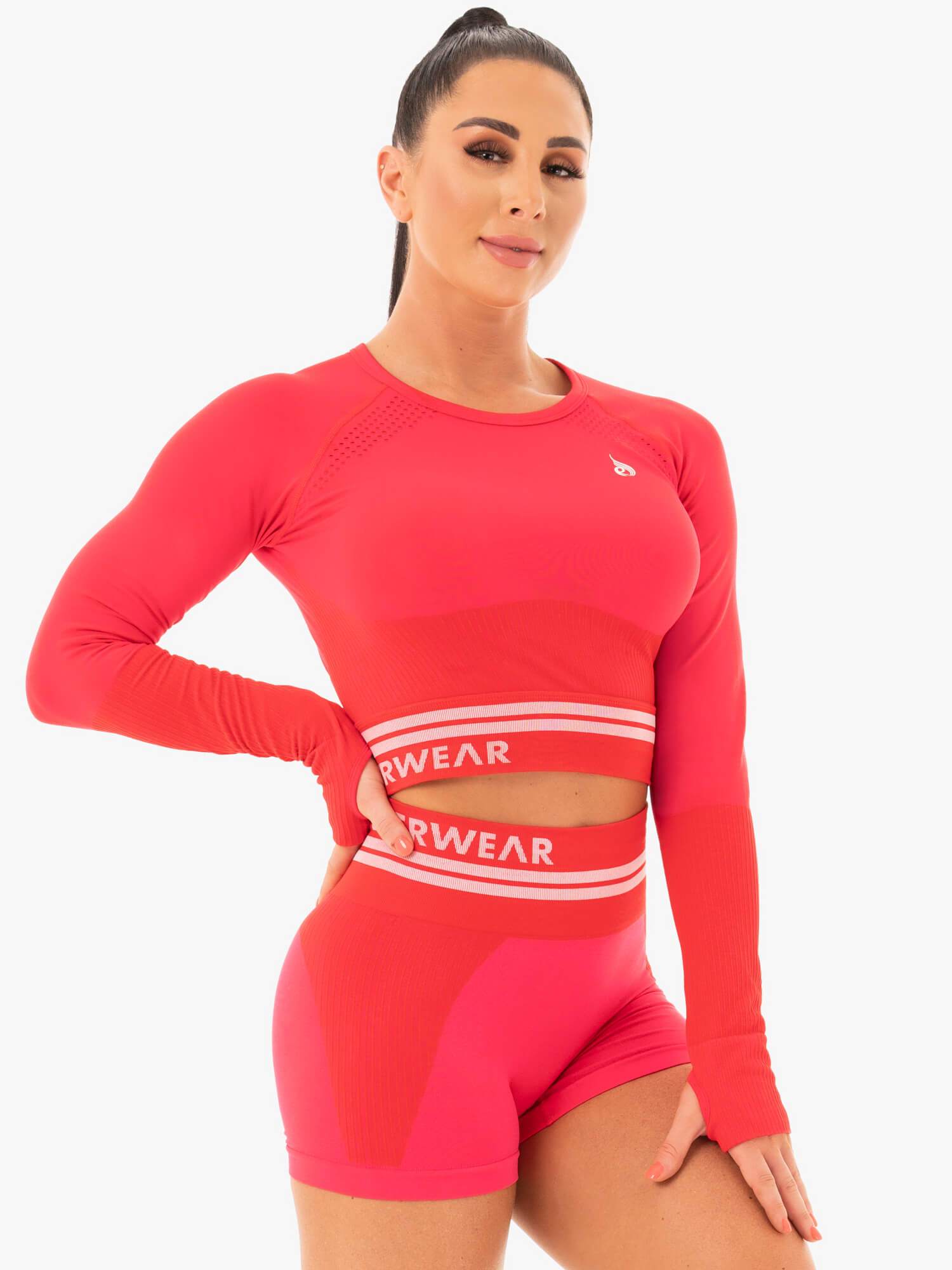 Freestyle Seamless Long Sleeve Crop Top - Red | Women's Workout & Yoga Shirt for Gym & Running | Comfortable Athletic Wear for Fitness & Daily Use