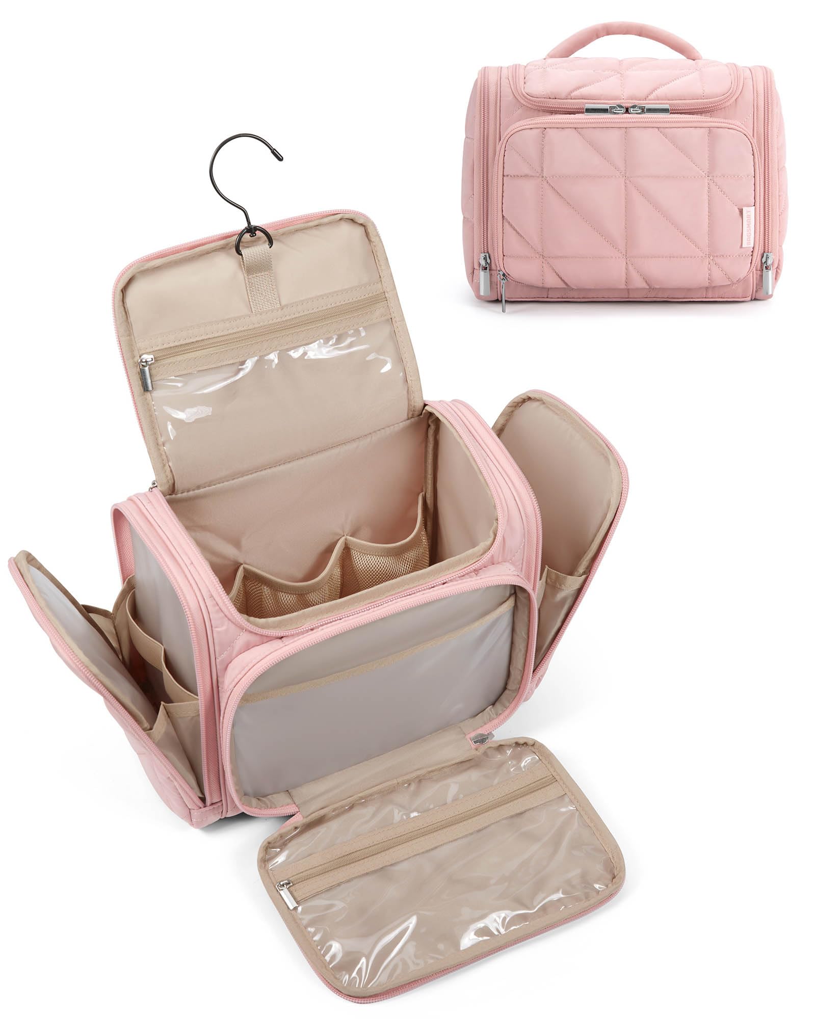 BAGSMART Waterproof Hanging Toiletry Bag for Women - Large Lightweight Travel Makeup Organizer with Wide Opening, Perfect for Cosmetics, Toiletries & Accessories (Pink) - Ideal for Air Travel, Camping & Gym Use
