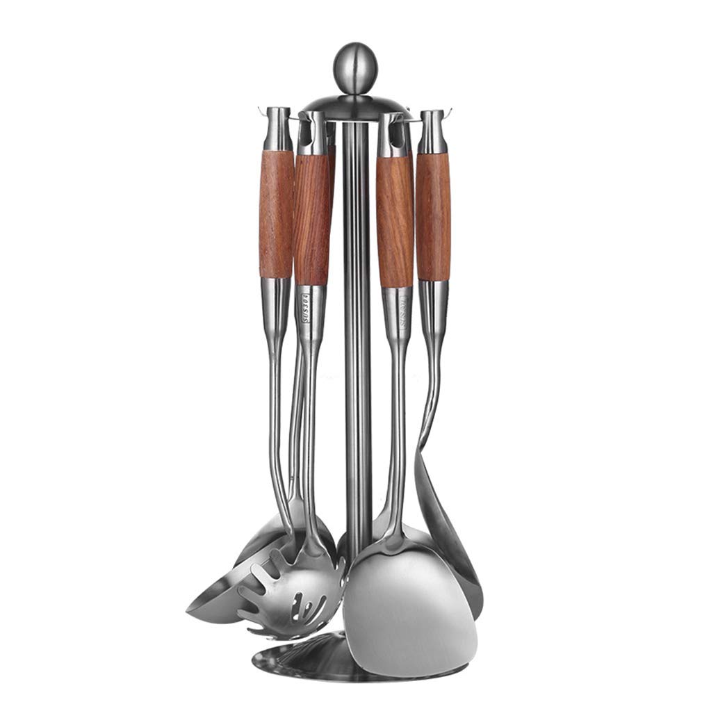 7-Piece Stainless Steel Kitchen Utensil Set with Wooden Handle - Non-Stick Heat Resistant Cooking Tools for Baking, Frying & Grilling - Perfect Cookware Gift Set for Home Chefs