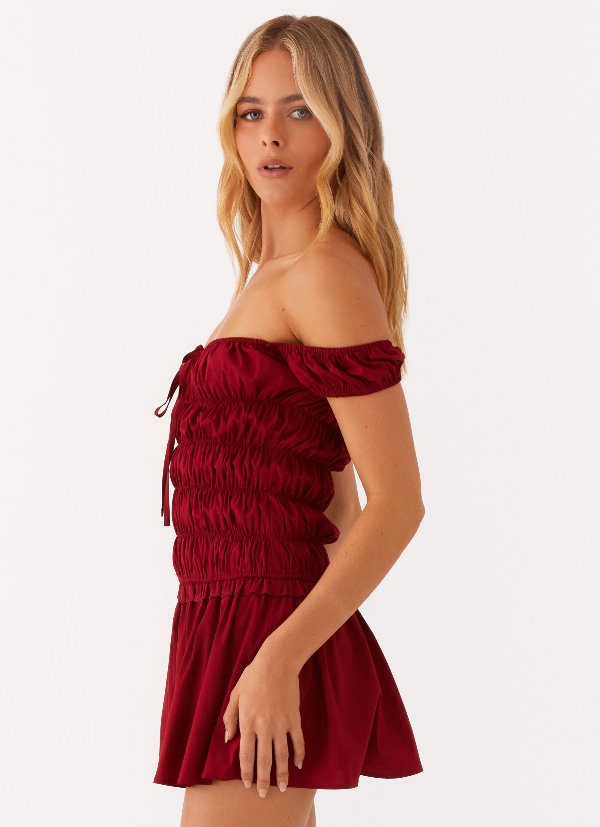 Elegant Countryside Off Shoulder Mini Dress - Deep Red Floral Summer Dress for Women | Perfect for Beach Vacations, Date Nights & Outdoor Parties