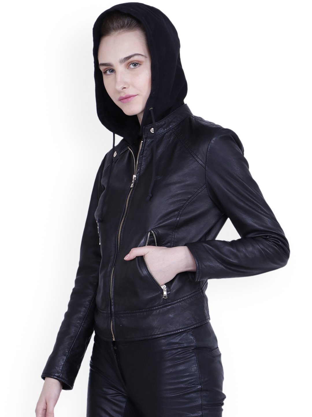 Women's Genuine Lambskin Leather Hooded Jacket - Black Tough Biker Style with Detachable Hood | Perfect for Motorcycle Riding, Winter Fashion & Outdoor Adventures