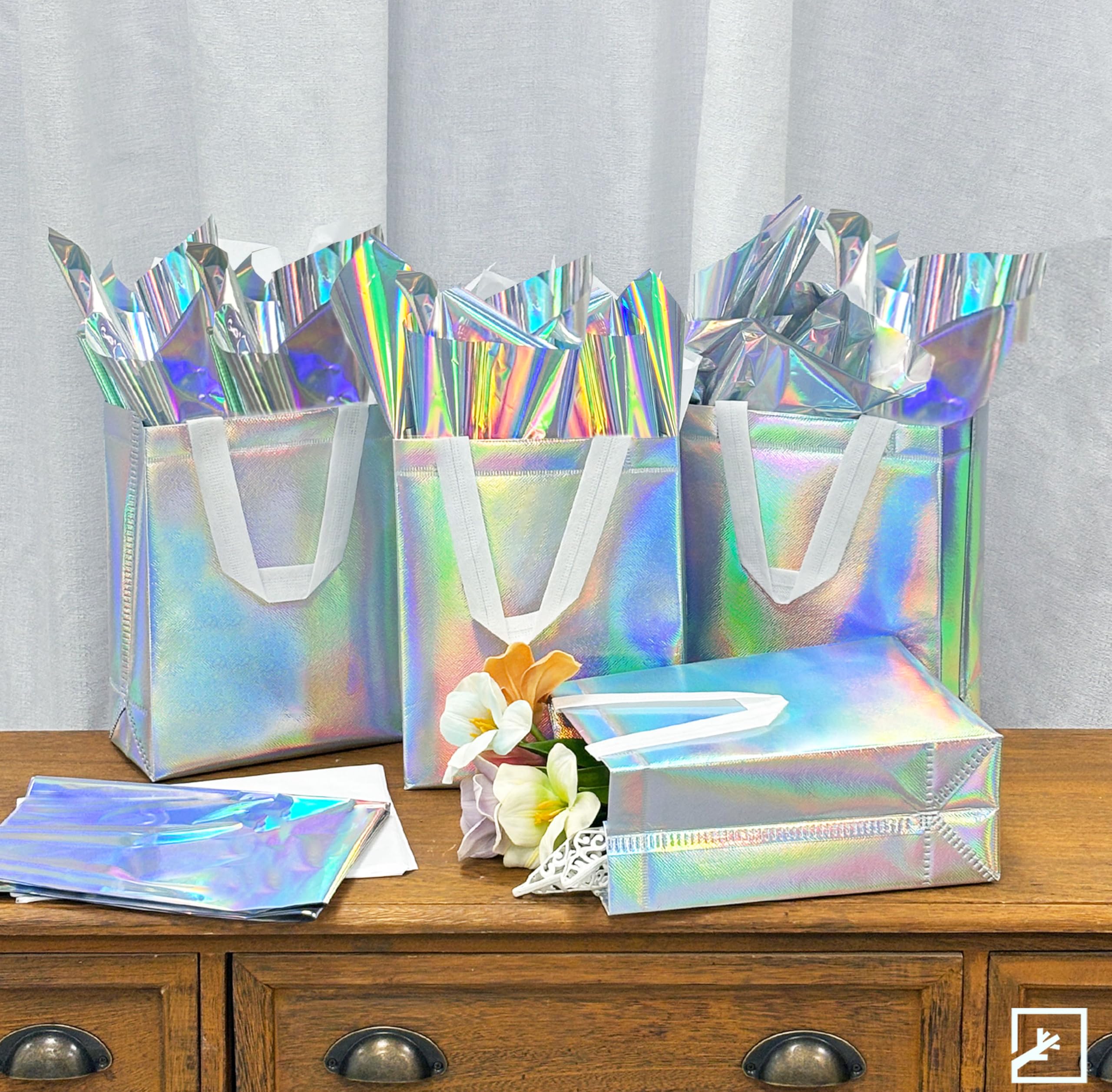 ZIFTY 15 Pcs Reusable Large Gift Bags with Handles - Bulk Non-Woven Goodie Bags with 30 Holographic Tissues for Easter, Birthday, Wedding & Holiday Party Favors (8
