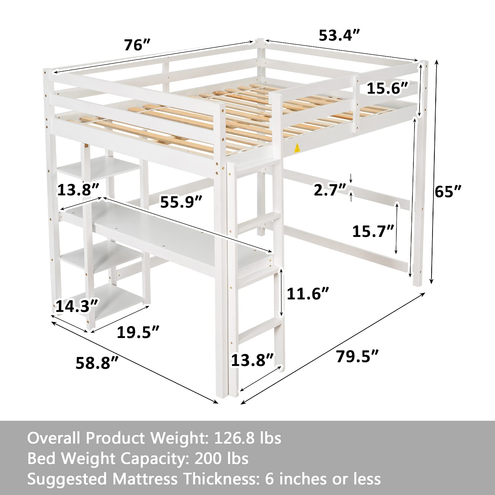 Aoowow Full Size Wood Loft Bed with Study Desk, Storage Shelves & Bookcase - Sturdy High Loft Bed Frame with Safety Guardrail & Ladder for Kids & Teens - No Box Spring Needed (White) - Perfect for Small Bedrooms, Dorm Rooms & Space-Saving Kids' Rooms