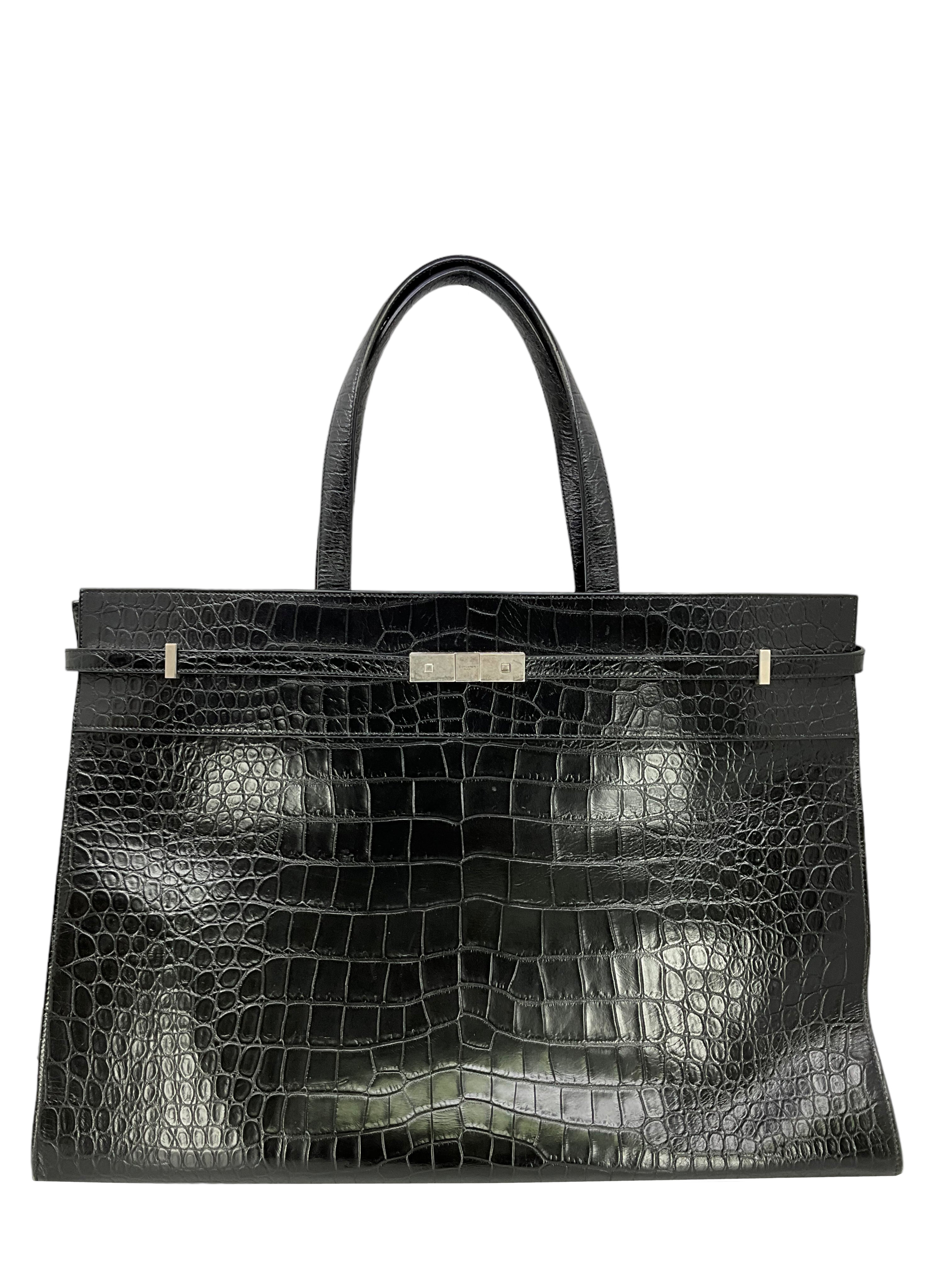 SAINT LAURENT Manhattan Crocodile Embossed Leather Large Travel Bag Satchel for Women - Perfect for Business Trips, Weekend Getaways & Luxury Travel Accessories