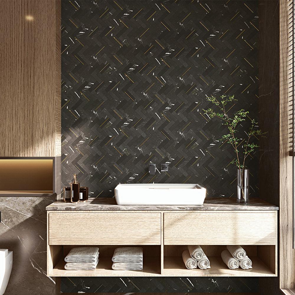 Premium Nero Marquina Honed Marble Mosaic Tiles - Herringbone Pattern - 12x12 Inch (Per Sheet) - Elegant Floor & Wall Tile for Bathroom, Kitchen Backsplash, and Shower Surround