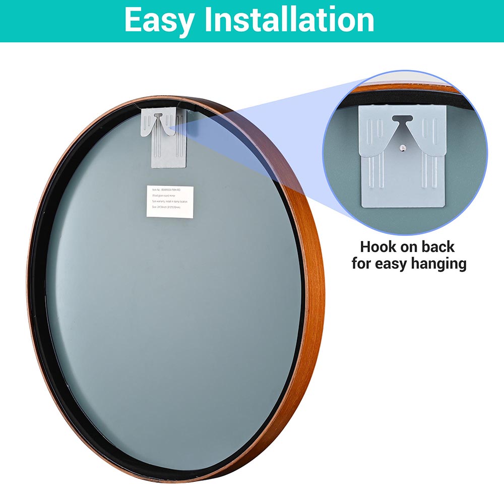 Round Wooden Framed Bathroom Mirror - Rustic Wall Mounted Vanity Mirror for Bathroom Decor, Bedroom, and Entryway