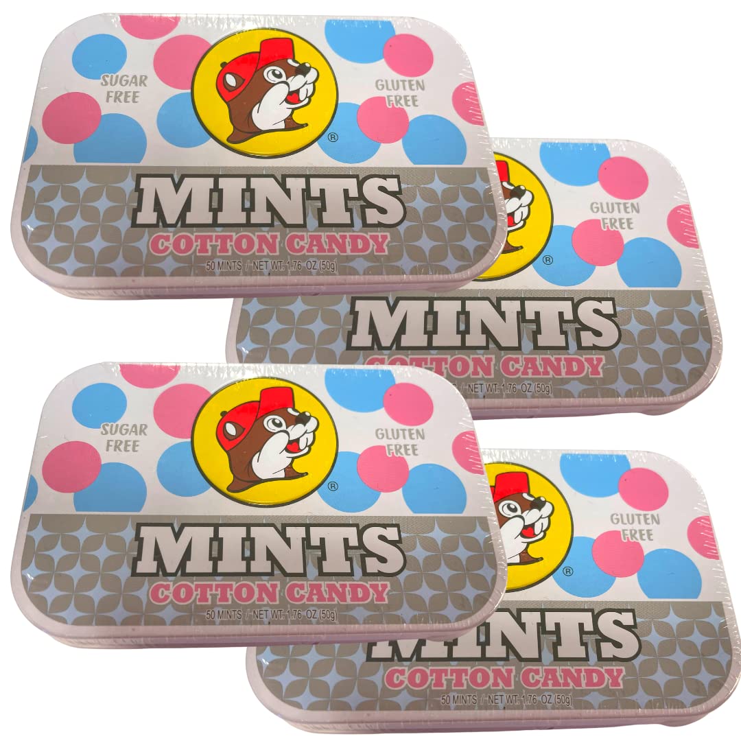 Sugar Free Cotton Candy Breath Mints by Buc-ee's - Gluten Free, 4 Tins (200 Mints Total) - Fresh Breath Solution for Travel, Office & After Meals