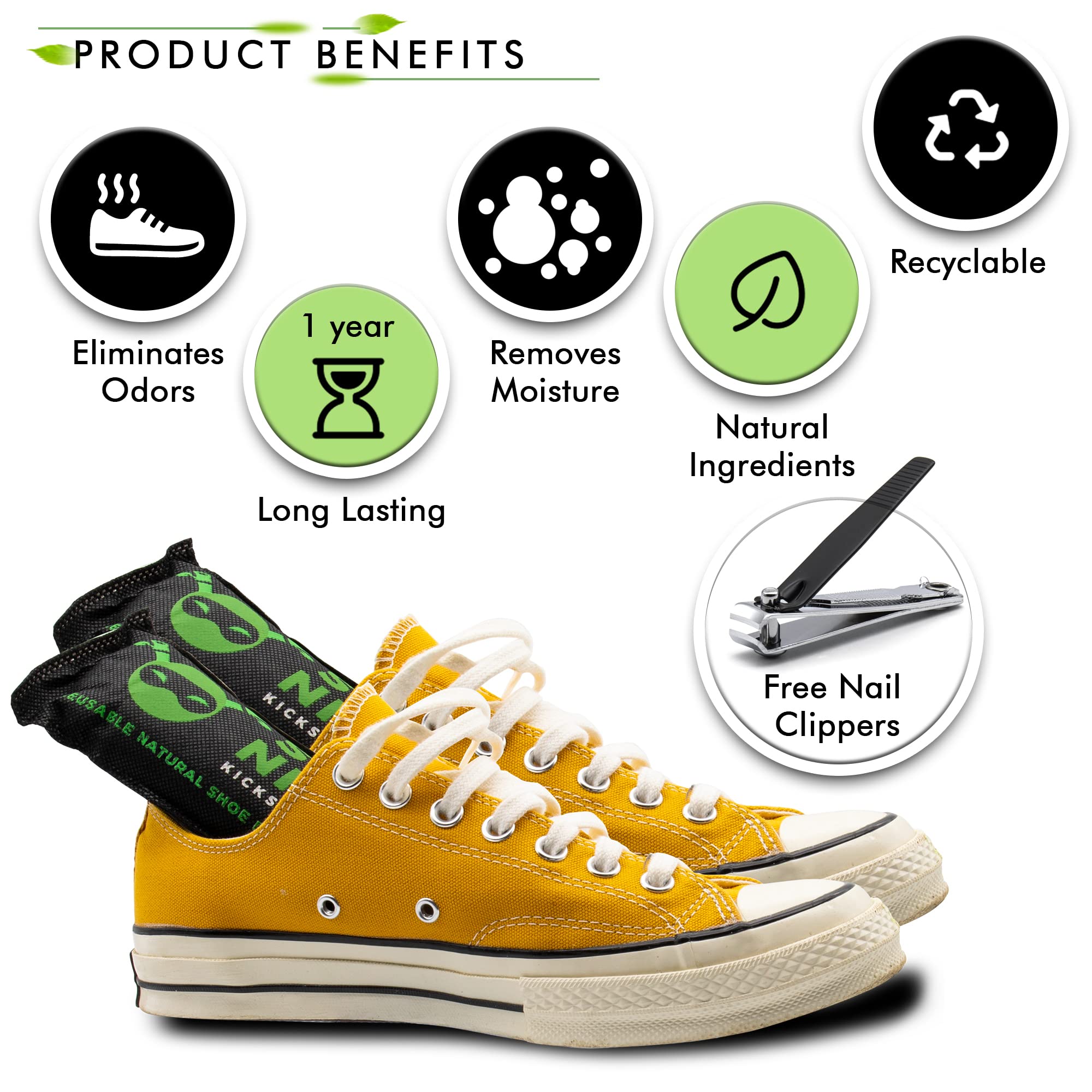 Natural Charcoal Shoe Deodorizer - 8 Pack Long-Lasting Shoe Odor Eliminator for Fresh Smelling Shoes | Includes Nail Clippers & Deodorizing Bags | Perfect for Gym, Work Boots & Daily Footwear Care