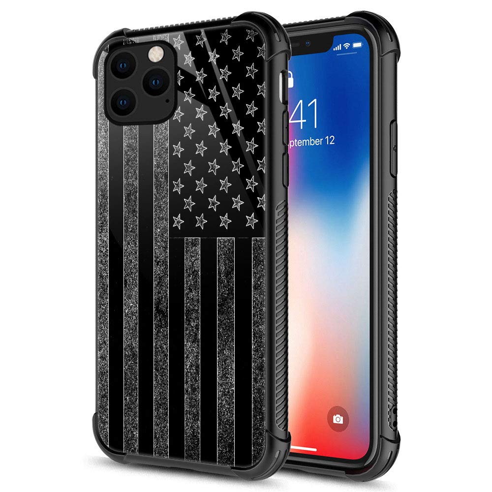 American Flag iPhone 11 Pro Max Case - Black & White Patriotic Design with Tempered Glass Back & Soft Silicone TPU Shock Protection | Perfect for Everyday Use, Travel, and Outdoor Activities