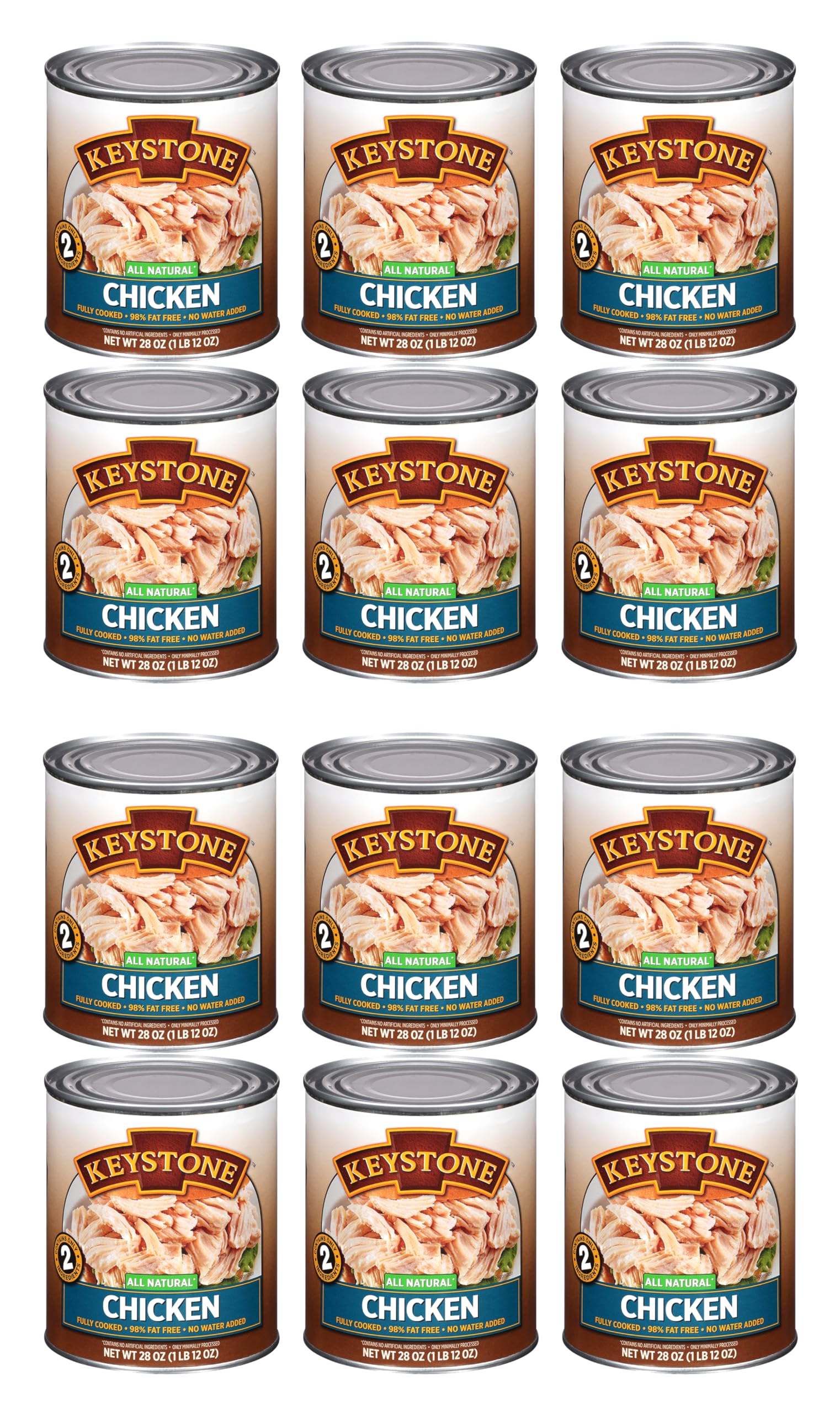 Keystone Meats All Natural Canned Chicken 28oz - Fully Cooked, High Protein, Shelf Stable Emergency Food - Ready to Eat, No Water Needed, No Preservatives, Gluten Free - Made in USA (Pack of 12) - Perfect for Camping, Emergency Preparedness & Quick Meals