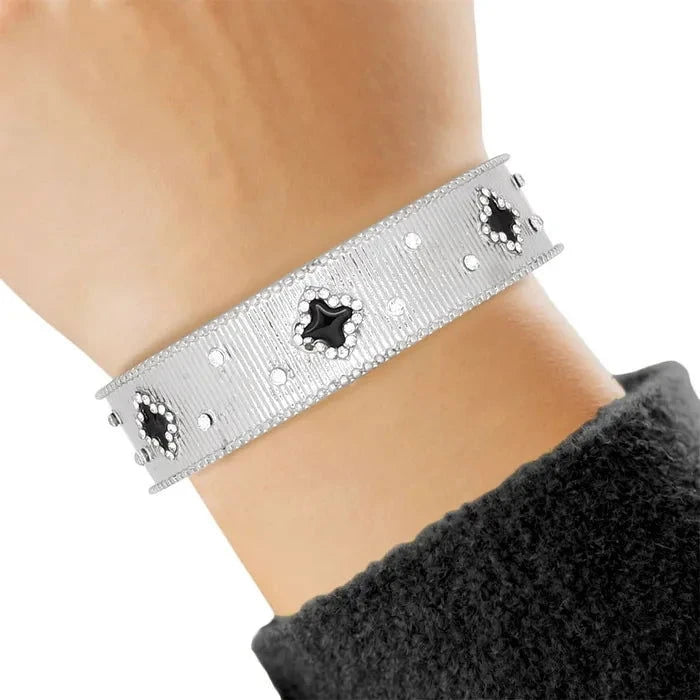 Elegant Silver & Black Quatrefoil Rhinestone Cuff Bangle Bracelet for Women | Fashion Jewelry Accessory for Parties, Weddings & Evening Events