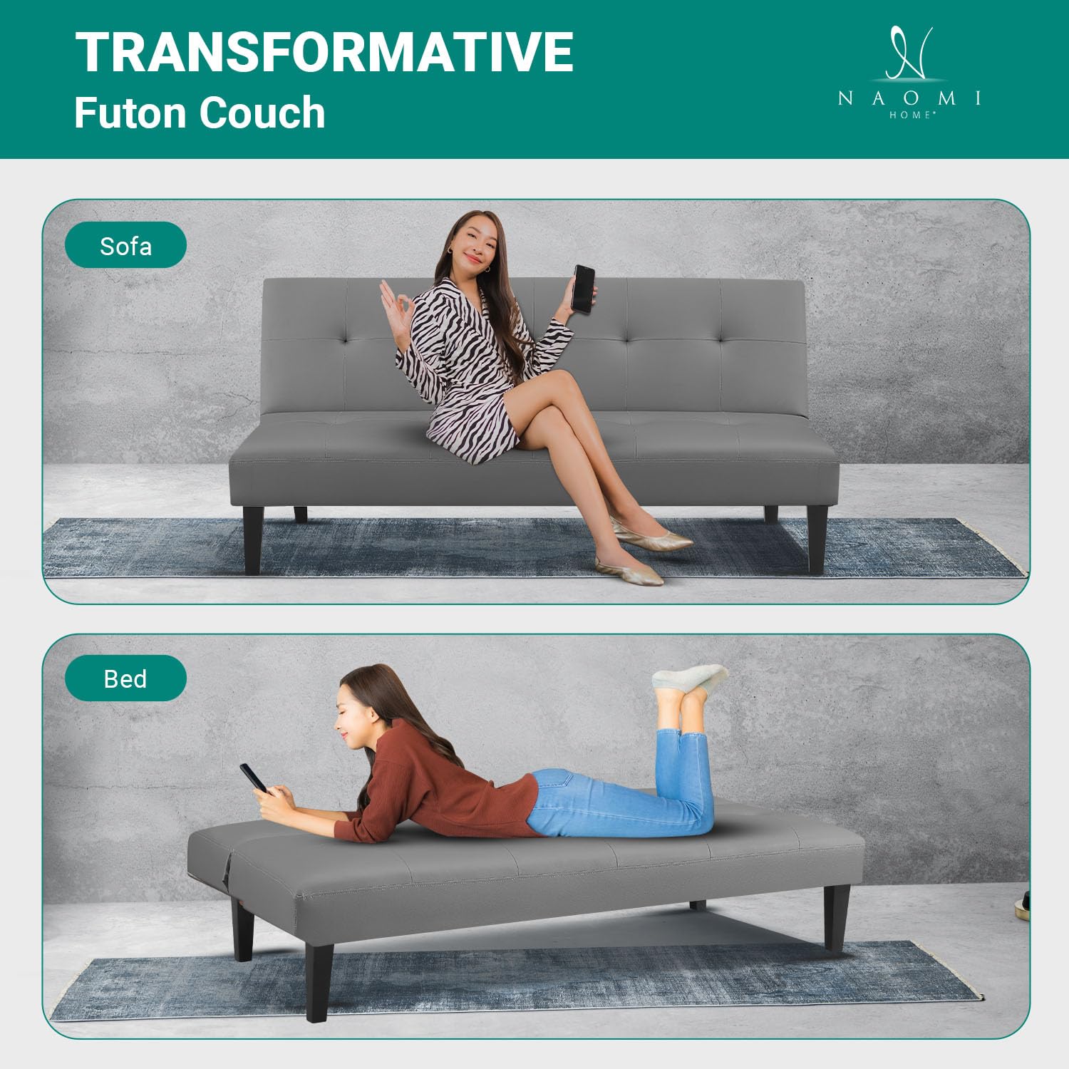 Naomi Home Gray Faux Leather Futon Sofa Bed - Modern Convertible Sofa with Wooden Legs, Reclining Small Couch Bed for Living Room, Guest Room or Office - Durable & Sturdy 66