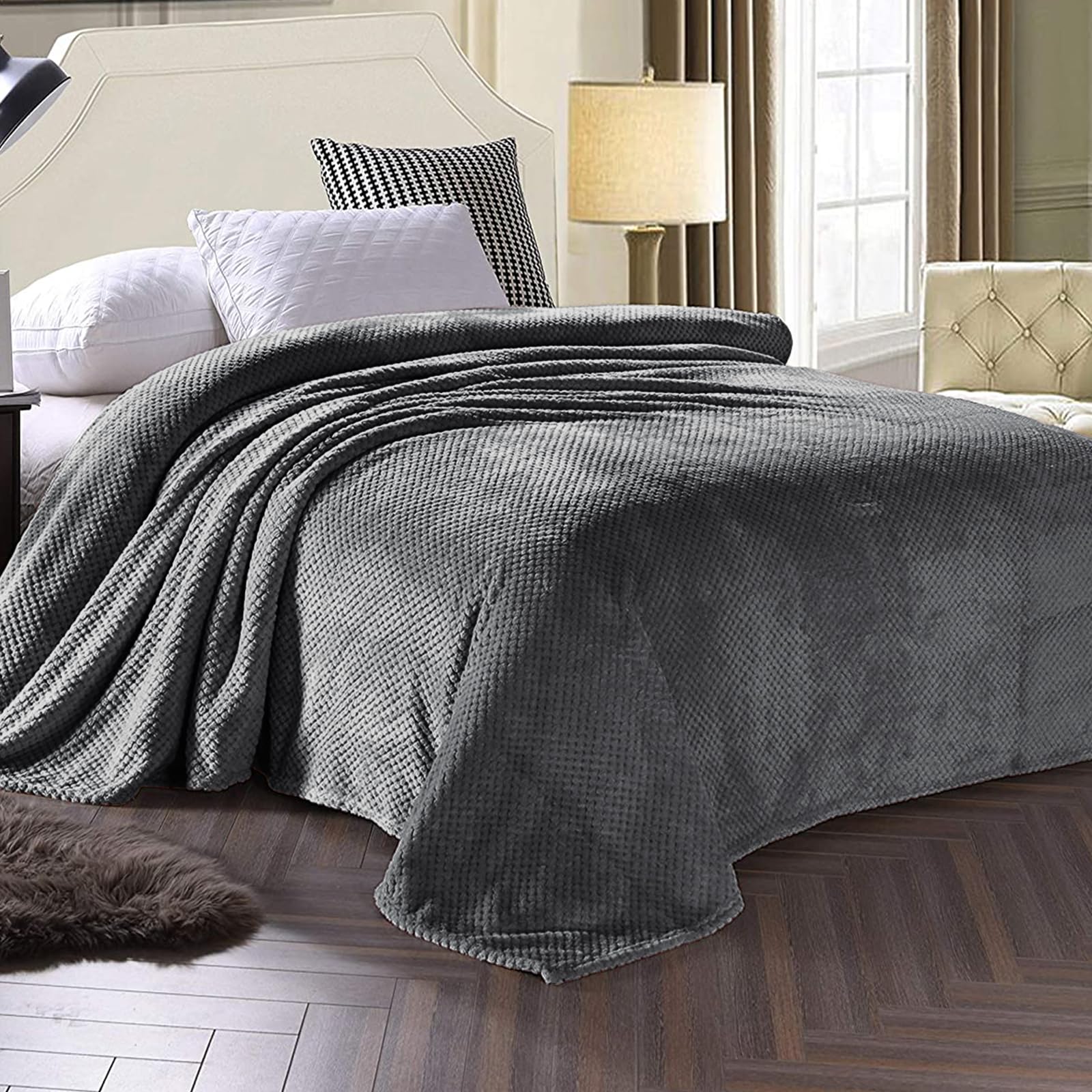 King Size Fleece Blend Waffle Textured Blanket - Ultra Soft, Warm & Lightweight for Bed, Couch & Sofa - Cozy Fuzzy Throw for Winter Nights & Lounging (Dark Grey, 90x104 Inches)