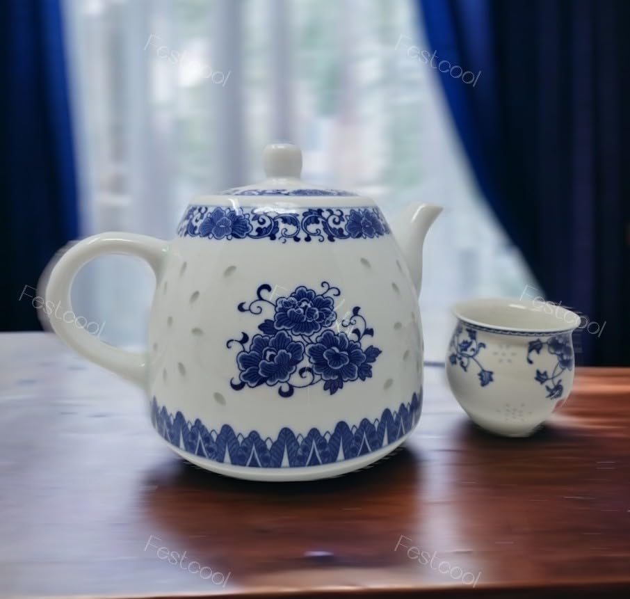 Large 56oz Blue and White Porcelain Teapot - 6 Cup Capacity Chinese Style Tea & Coffee Pot for Home, Office, and Gift Giving