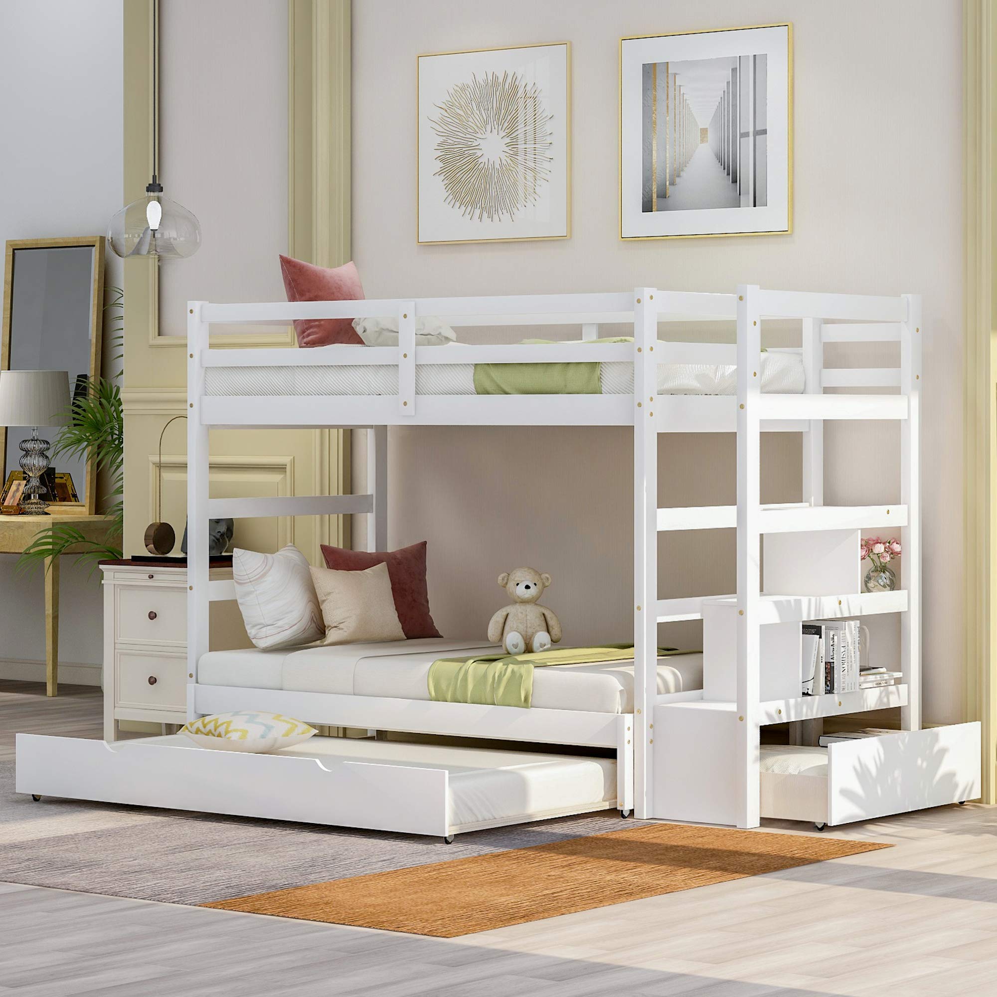Autokola Twin Over Twin Bunk Bed with Trundle & Storage | Convertible Twin Over King Kids Bunk Bed with Staircase | Space-Saving Bedroom Solution for Small Rooms & Sleepovers (White) | Fast 3-7 Day Delivery