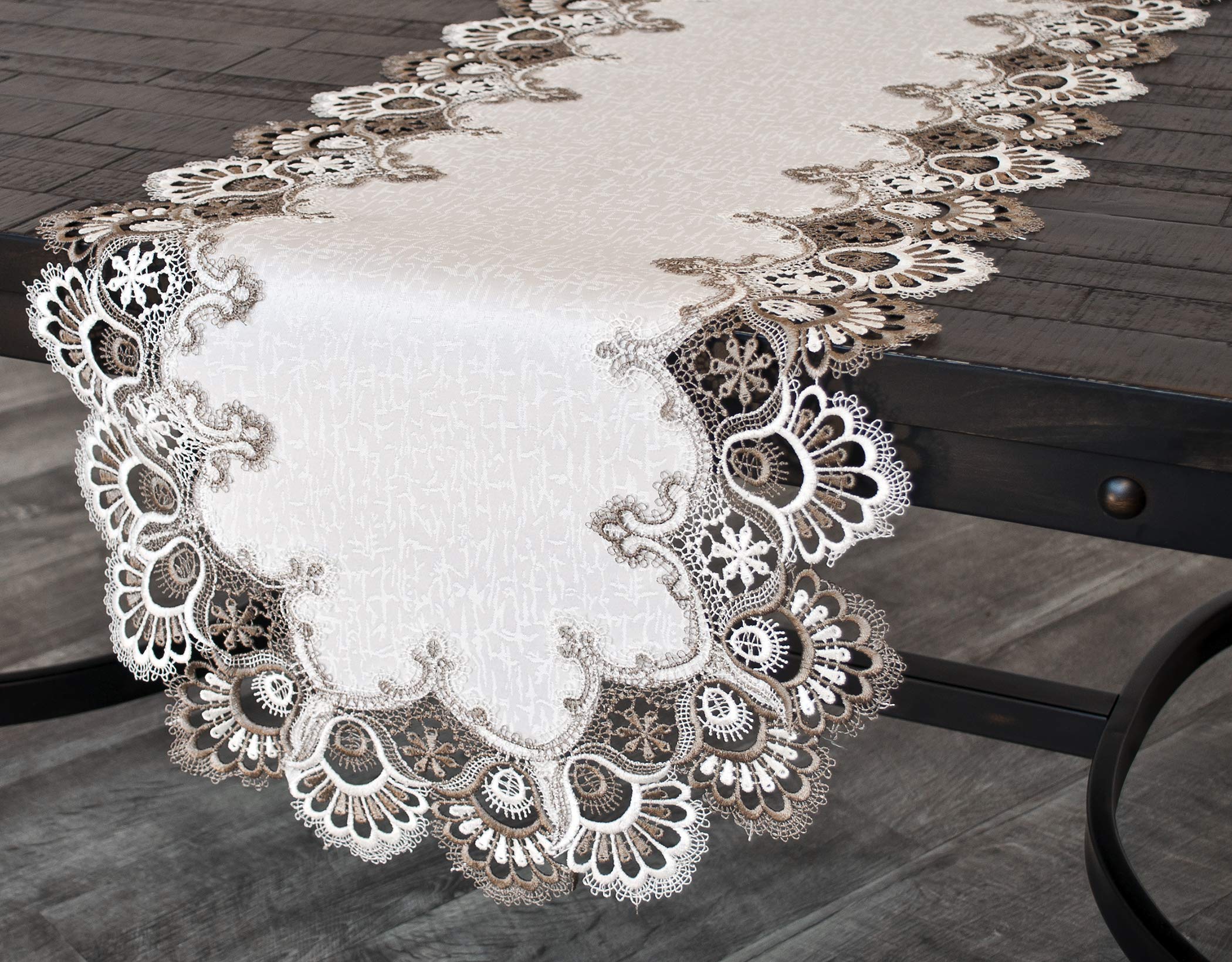 Elegant Cocoa Earth Tones Jacquard Peacock Tail Lace Table Runner & Dresser Scarf - 16x44 Inches - Perfect for Dining Tables, Buffets, and Dresser Tops