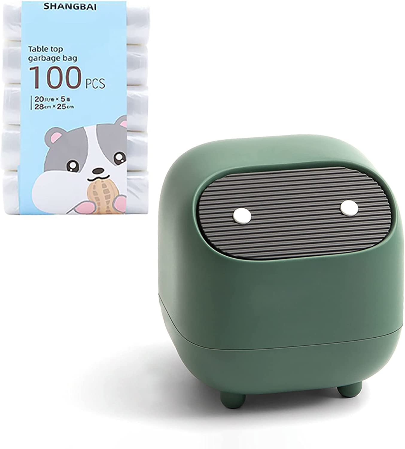 OFUNGO Mini Ninja Trash Can with 100Pcs Small Garbage Bags - Press Top Lid Desktop Waste Bin for Office, Bedroom, Tabletop, Coffee Table & Countertop - Green - Perfect for Small Spaces & Home Organization