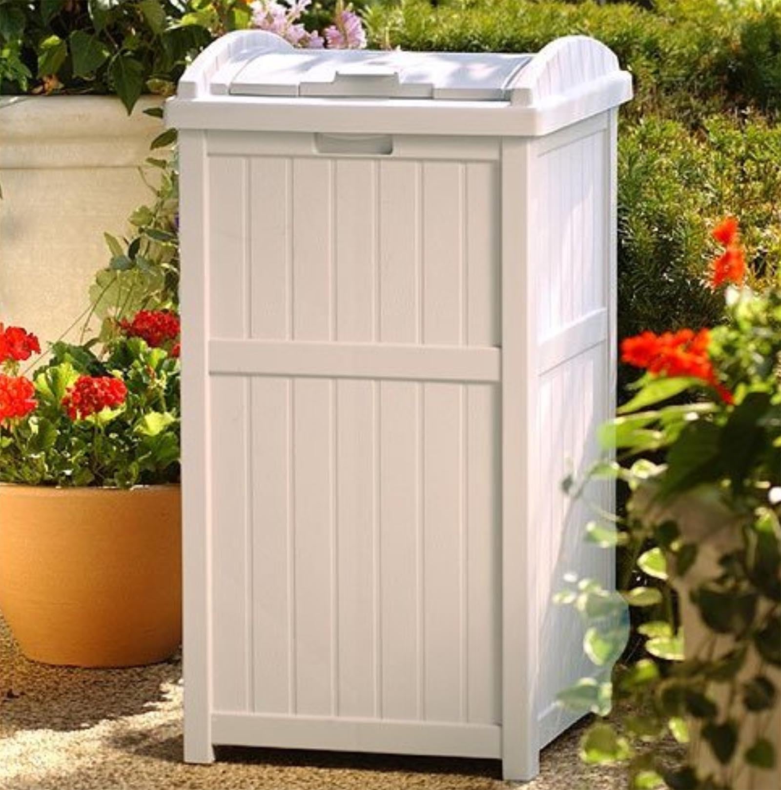 Suncast 33 Gallon Outdoor Trash Hideaway - Durable Resin Garbage Bin with Lid, Taupe (6 Pack) - Perfect for Patio, Backyard, and Garage Waste Storage