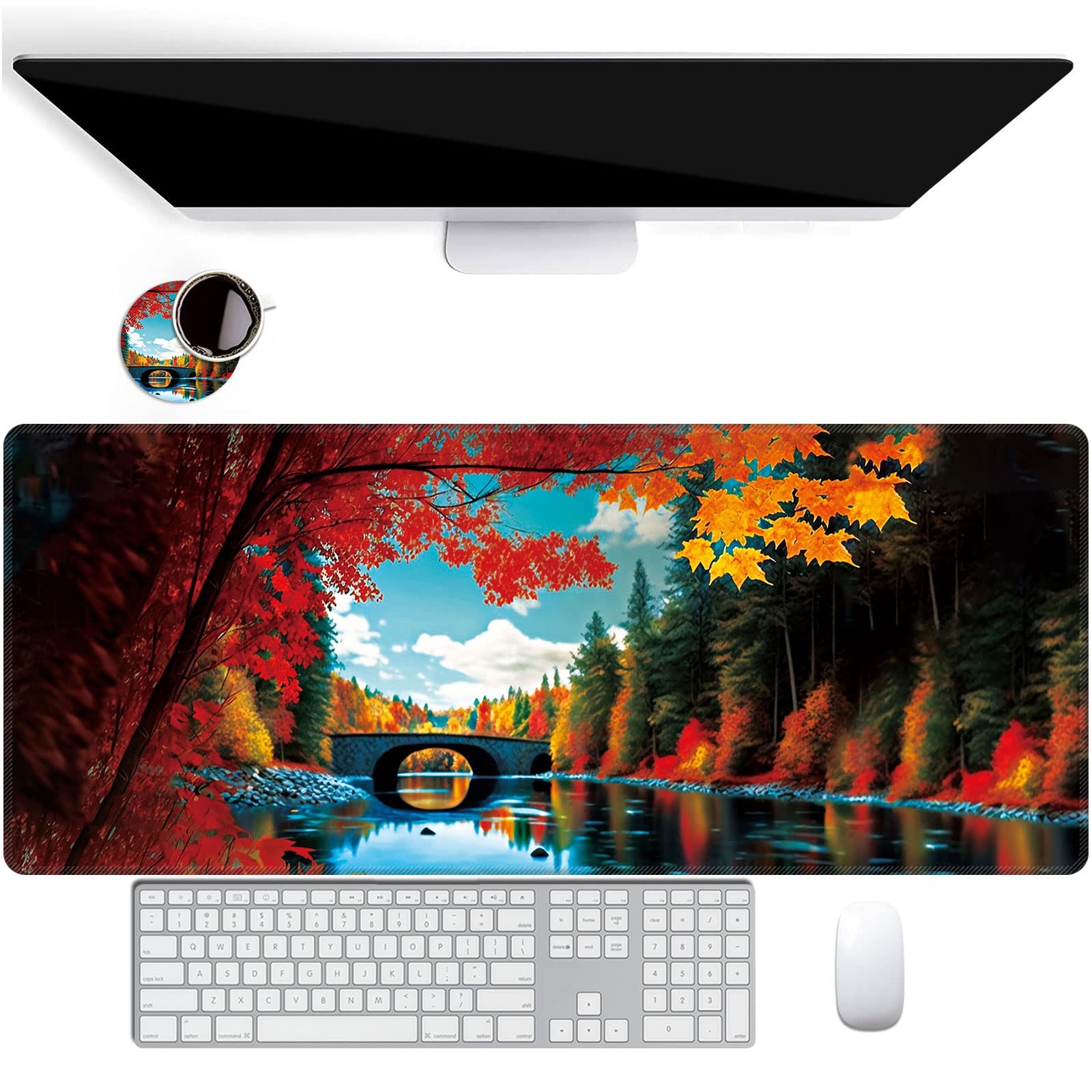 XXL Gaming Mouse Pad (31.5x11.8 Inch) - Extended Large Desk Mat with Non-Slip Base & Stitched Edges | Waterproof Keyboard Mousepad for PC, Laptop, Office & Gaming Setup | Red Maple Lake Design