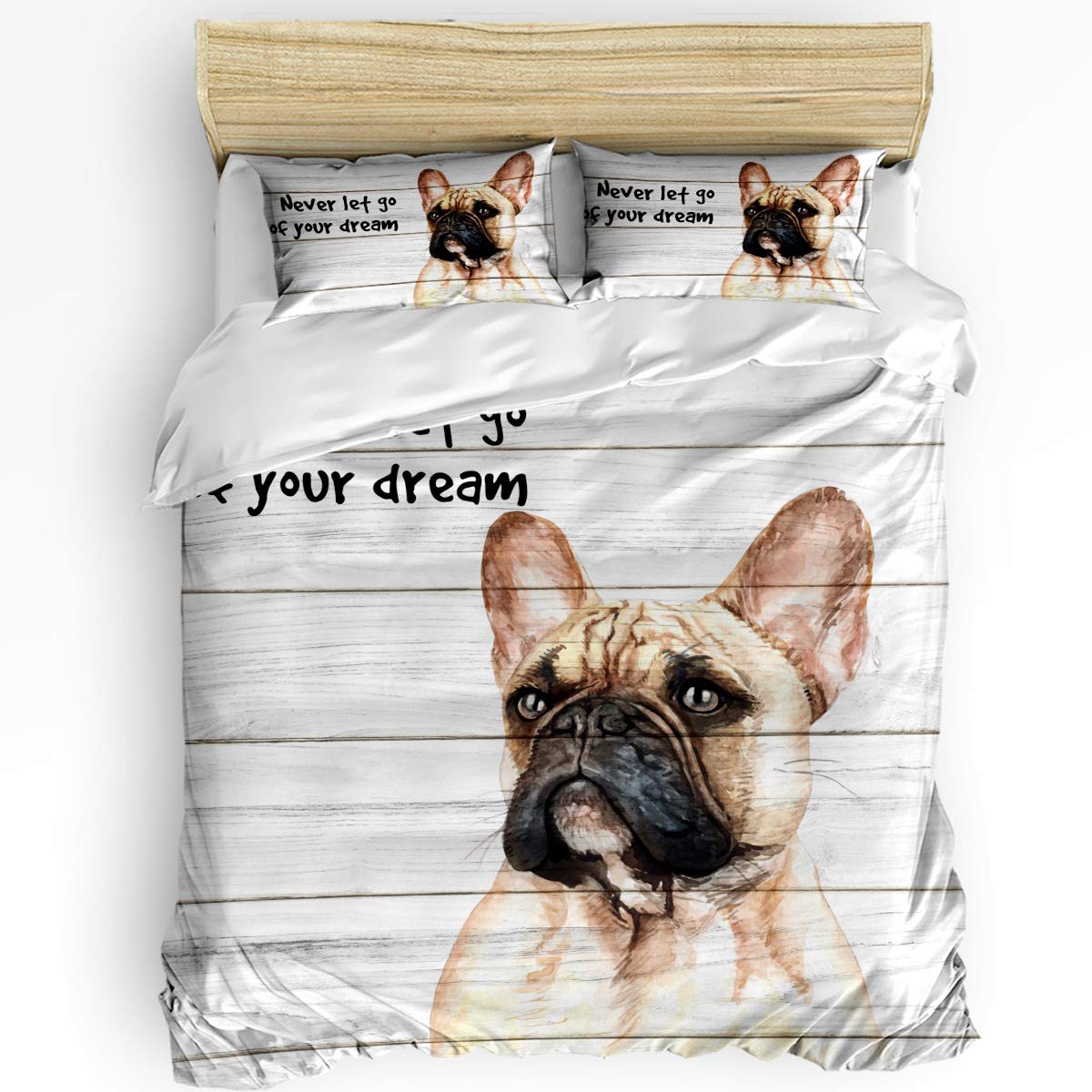 Savannan 3-Piece Twin Size Duvet Cover Set - Vintage French Bulldog Wood Board Design 'Never Let Go of Your Dream' - Zipper Closure & Corner Ties - Includes Duvet Cover + 2 Pillow Shams - Perfect for Kids' Rooms, Teen Bedrooms & Pet Lover Home Decor