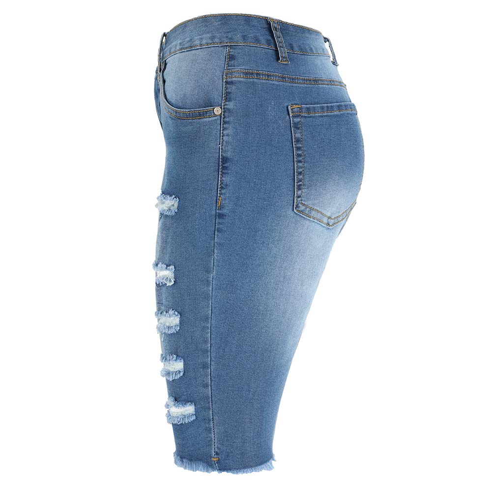 THUNDER STAR Women's Ripped Denim Bermuda Shorts - Distressed Knee-Length Stretch Jeans Shorts for Casual Wear & Summer Outfits